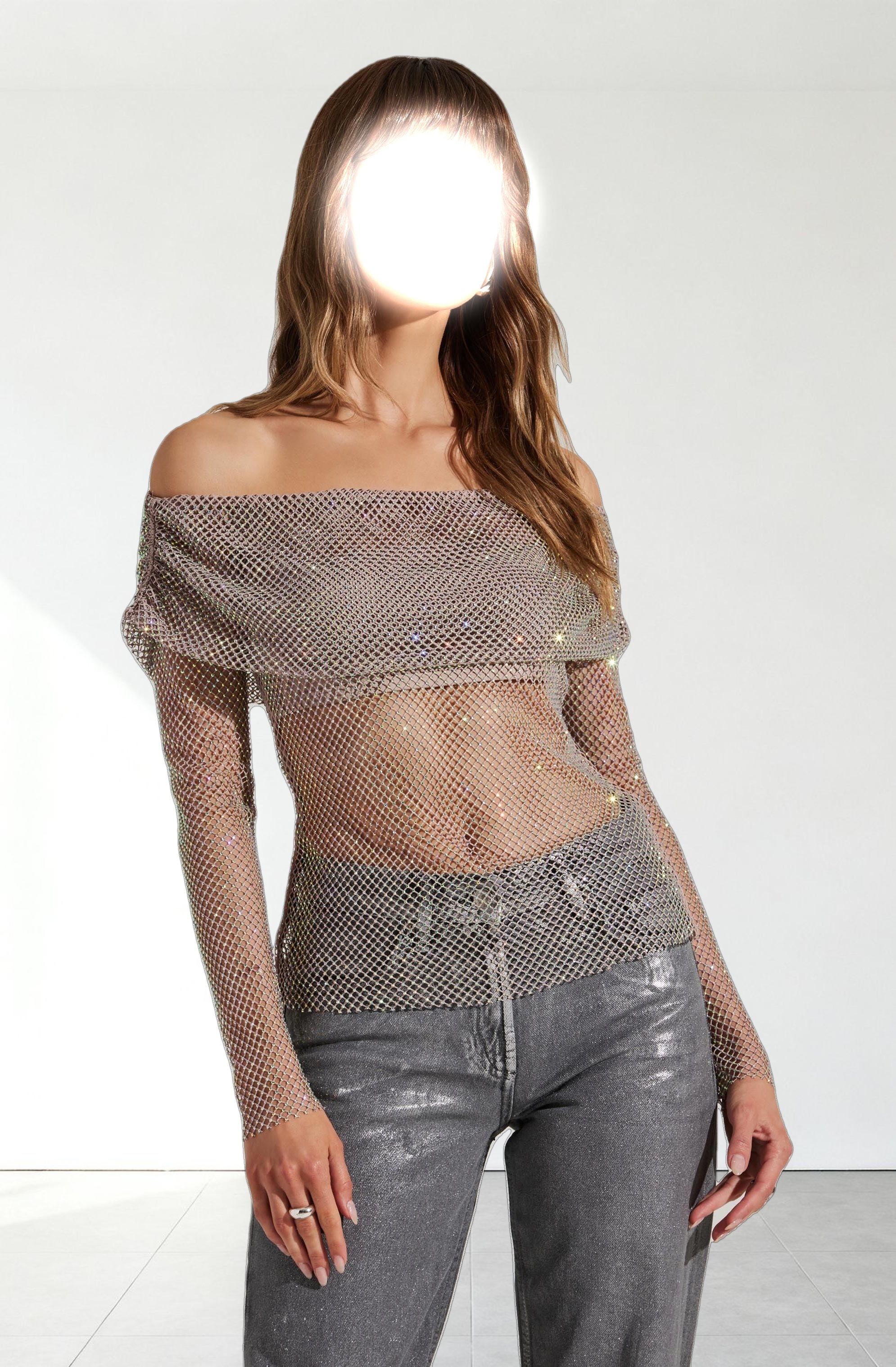 Diamante Rhinestone Mesh Off Shoulder Top