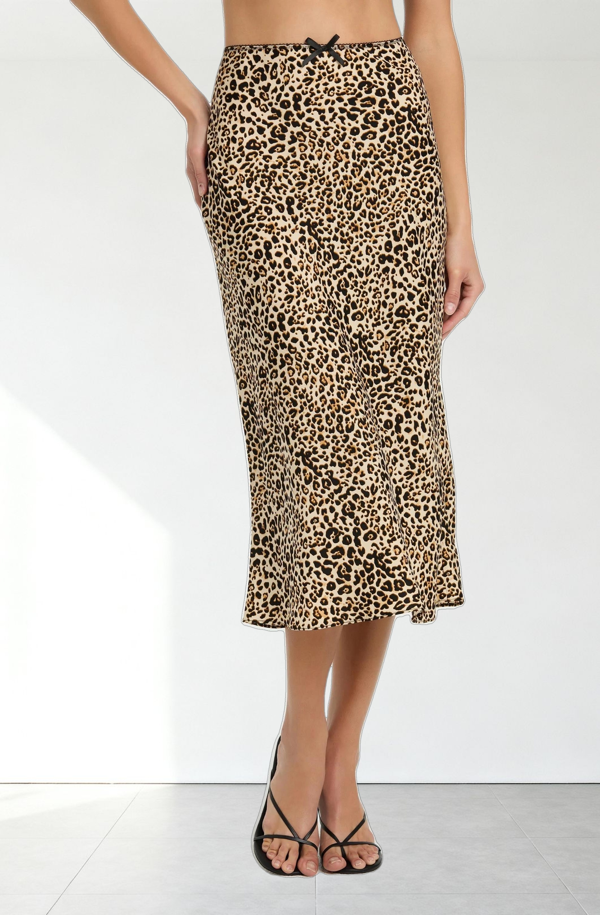 Satin Leopard Print Midi Skirt