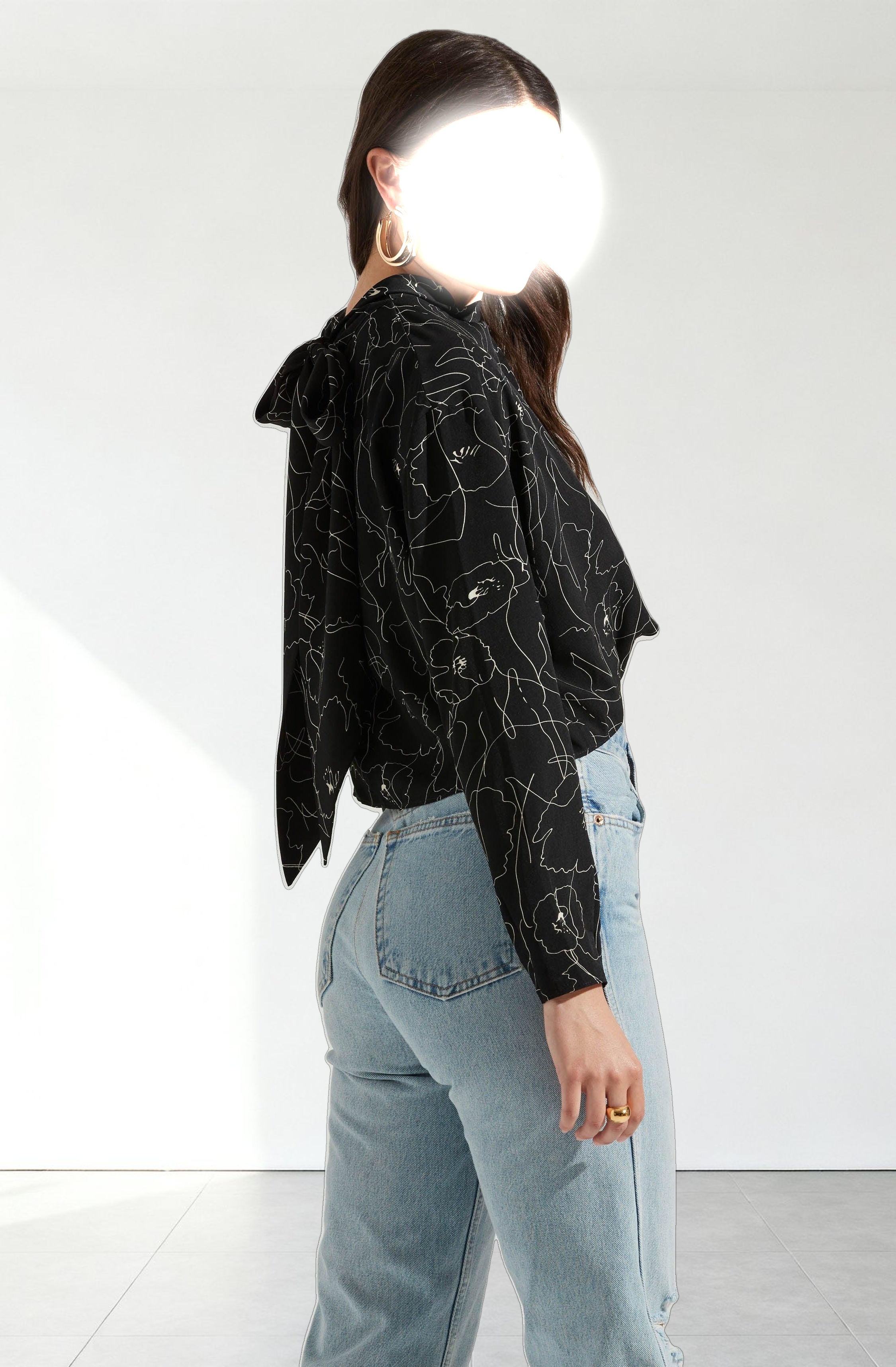 Long Sleeve Drape Tie Back Neck Back Top