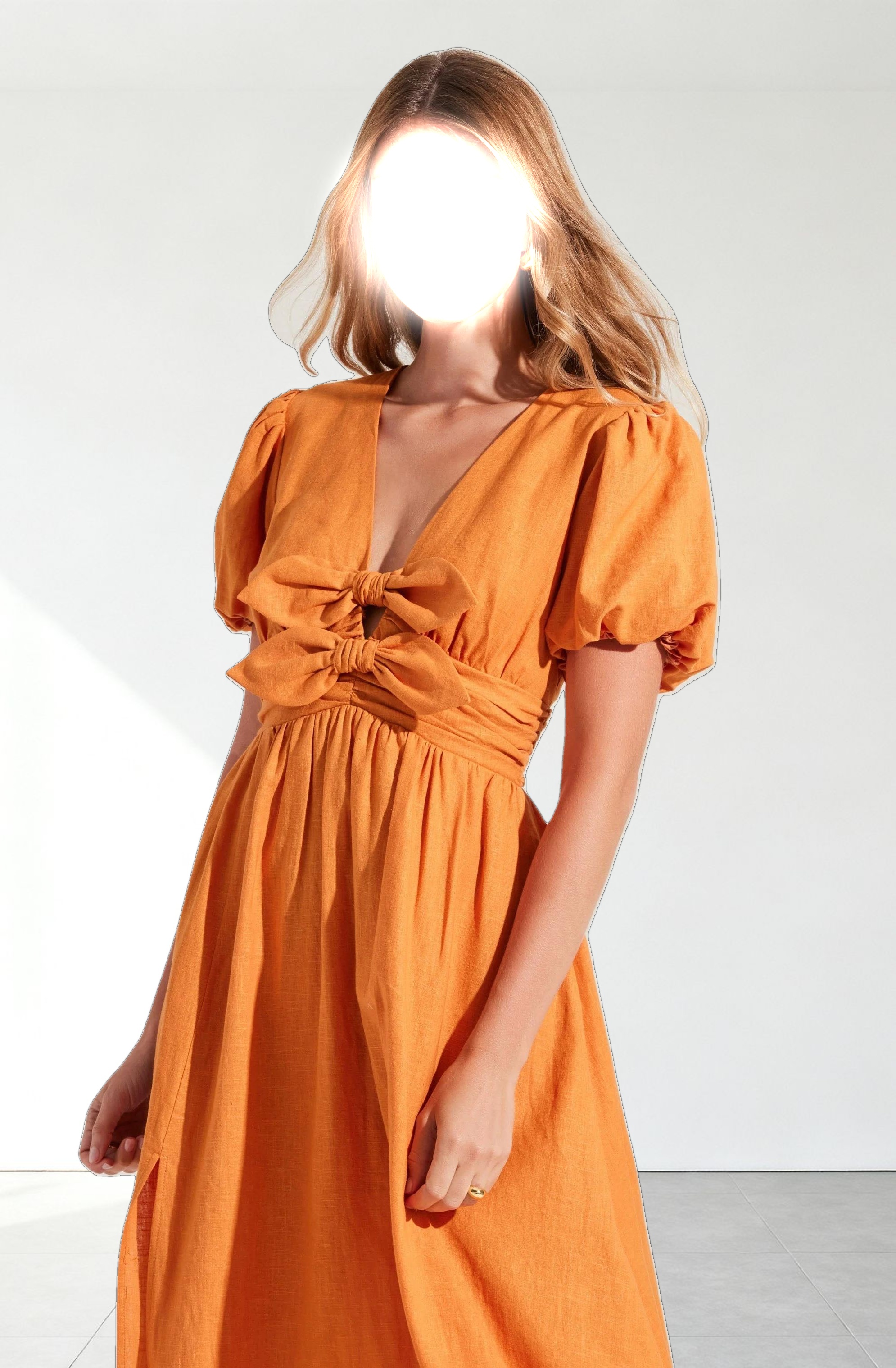 Citrine Linen Bow Front Midi Dress