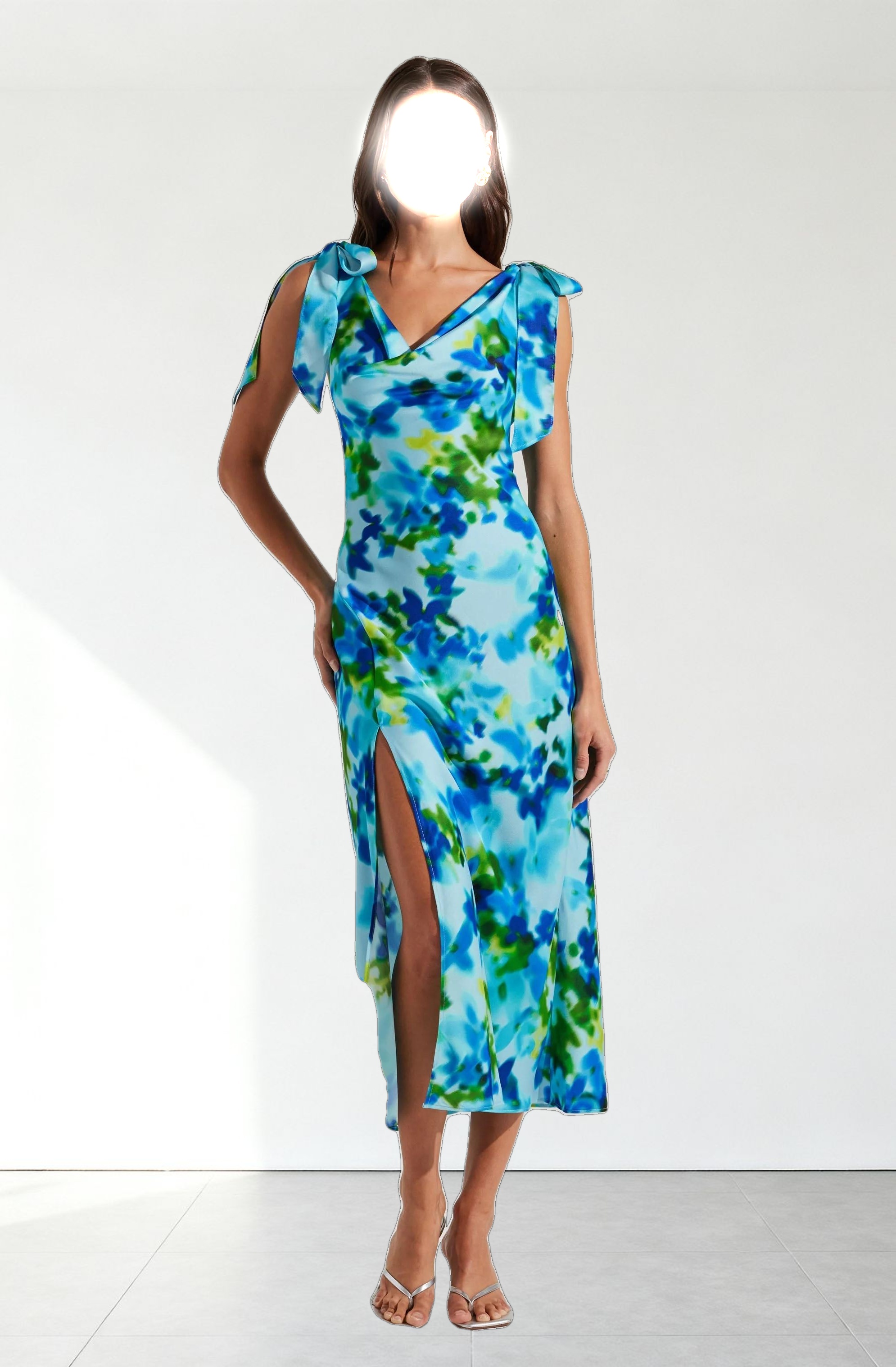 Allexina Satin Cowl Neck Midi Dress