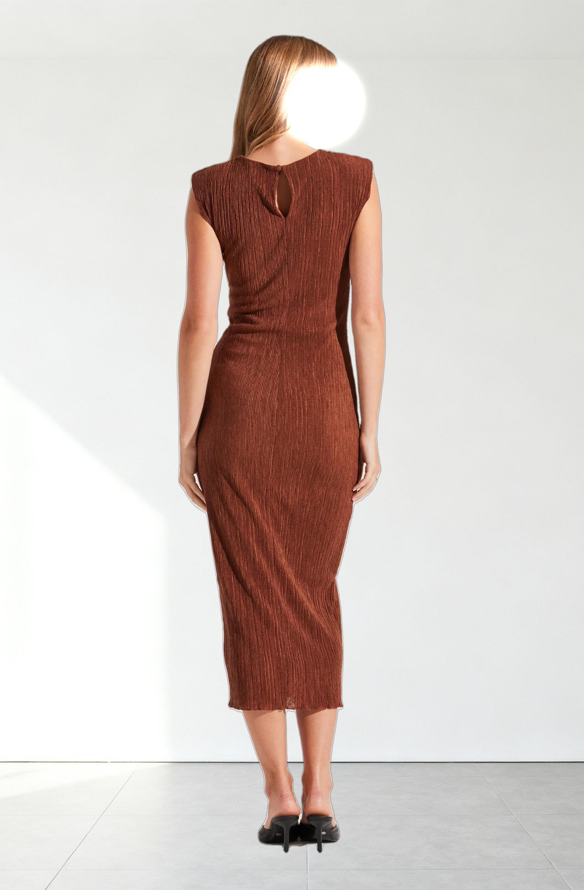 Plisse Straight Neck Midi Dress