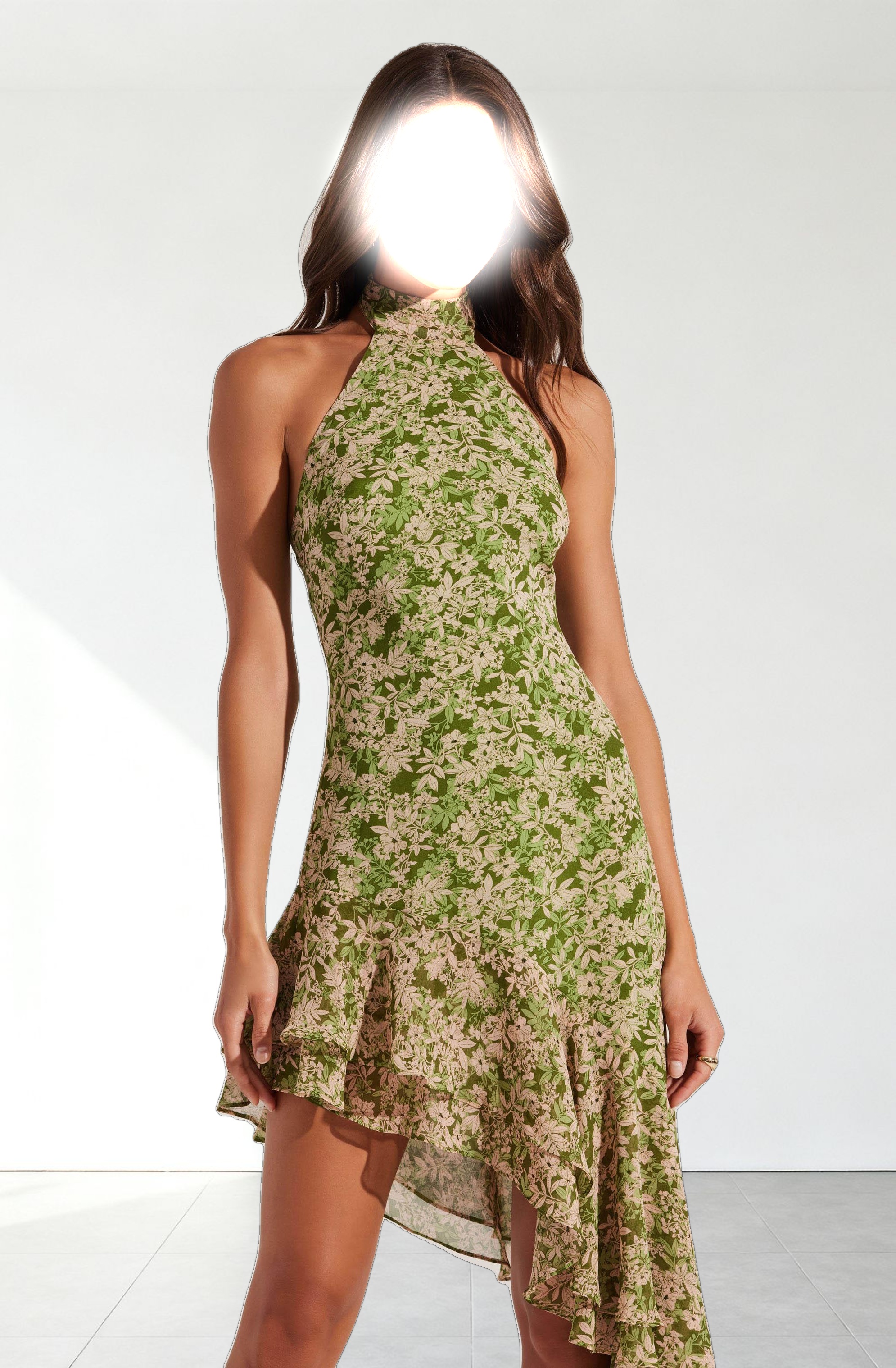 Asymmetrical Ruffle Hem Halter Dress