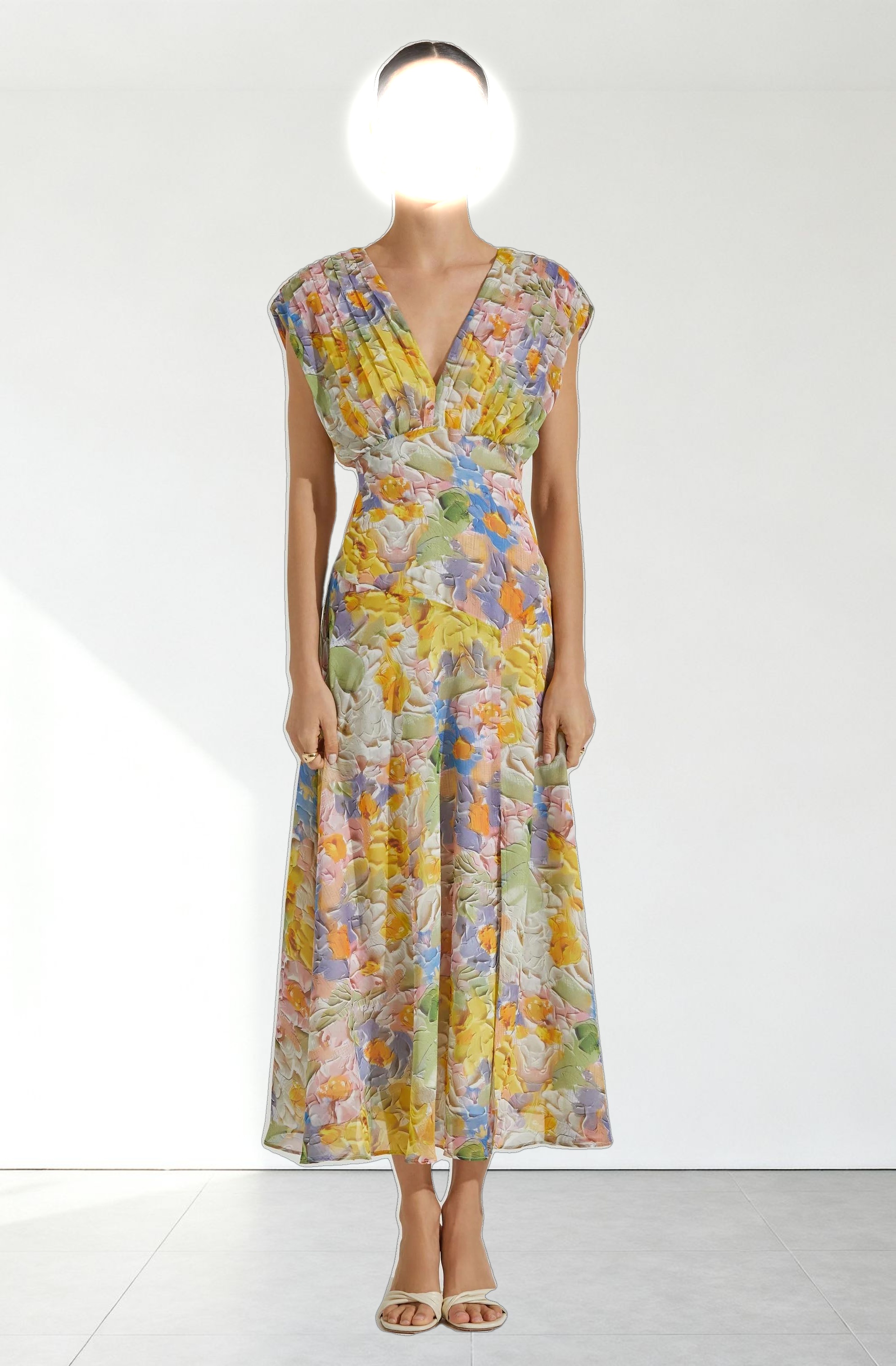 V-Neck Pleated Midi Dress