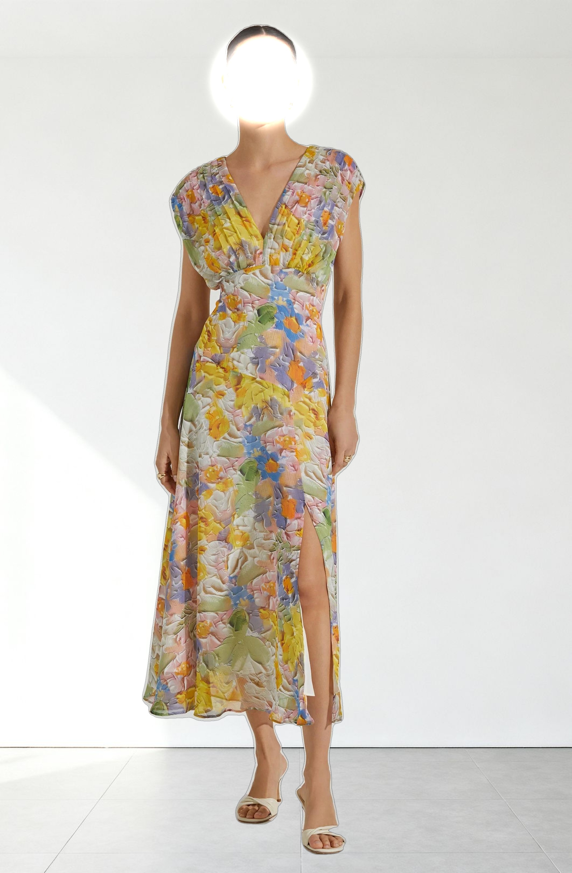 V-Neck Pleated Midi Dress