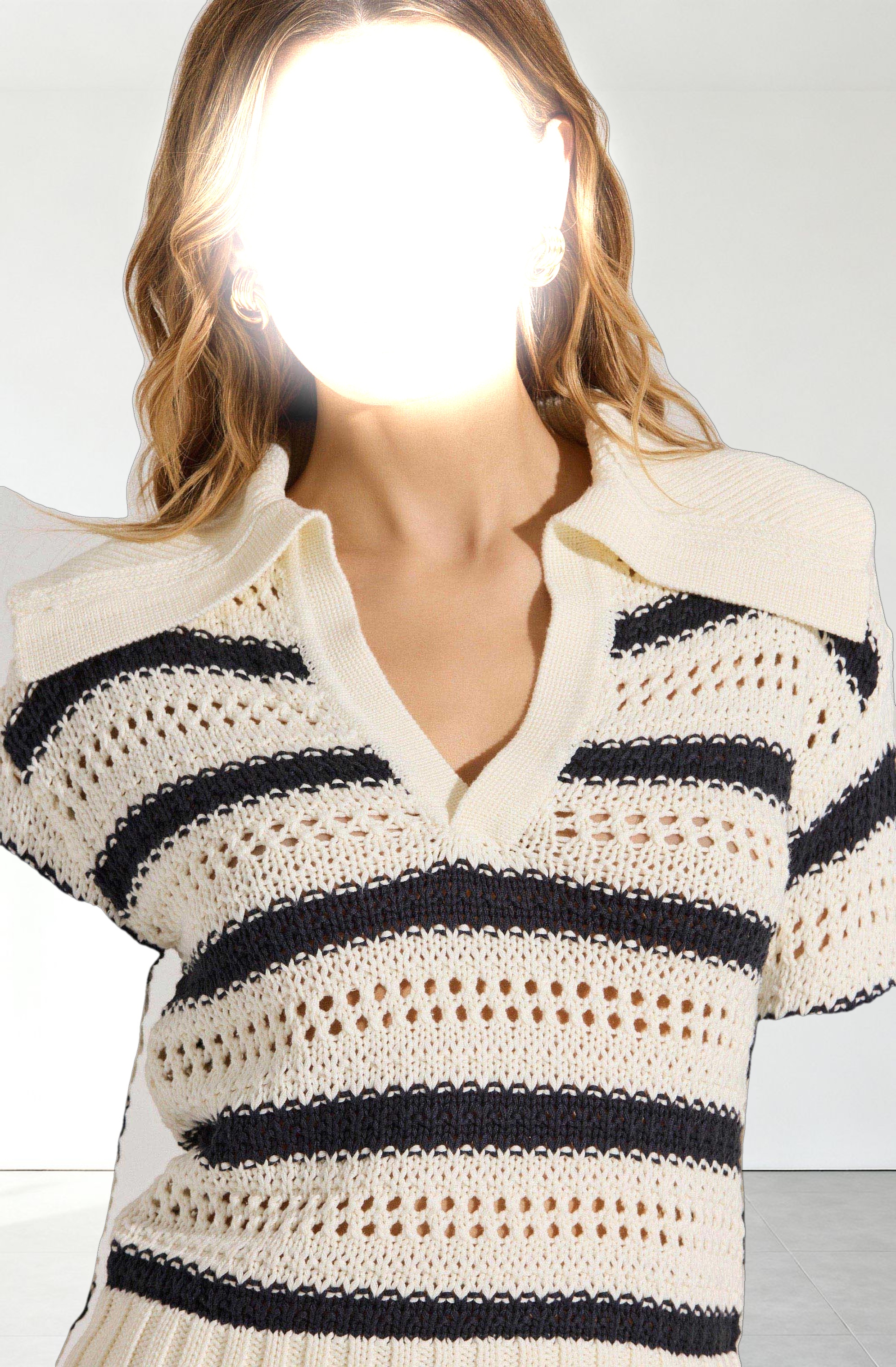 Striped Open Knit Polo Sweater