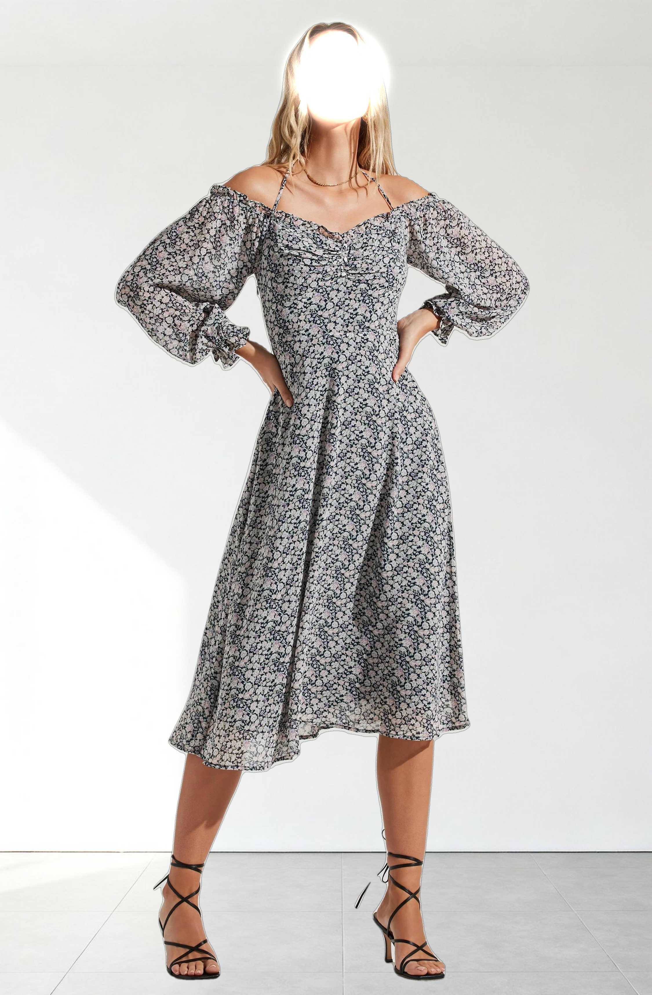 Off Shoulder Long Sleeve Cinched Bust Midi Dress