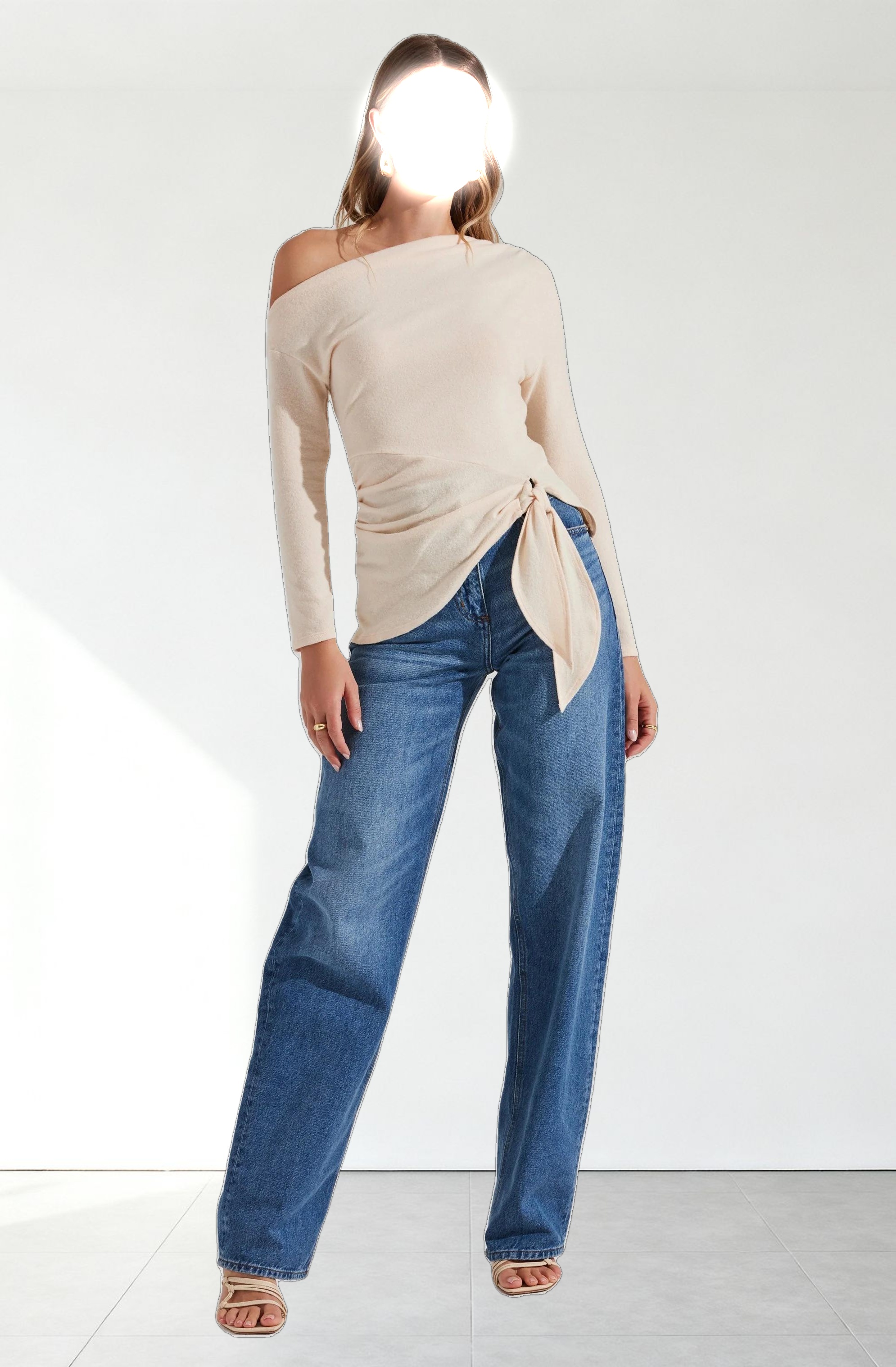 Asymmetrical Off Shoulder Tie Knit Top