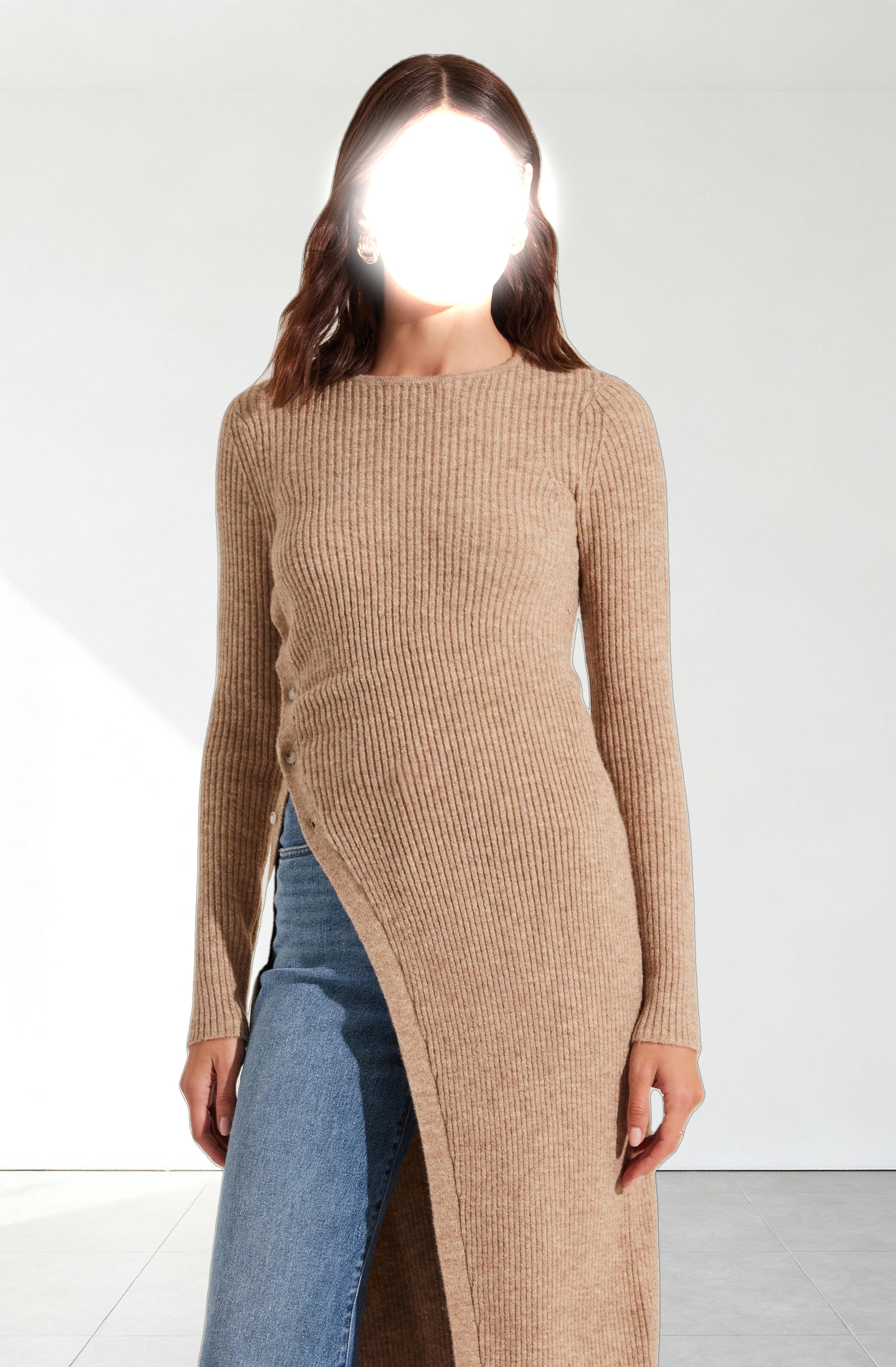 Ribbed Hi Slit Button Sweater