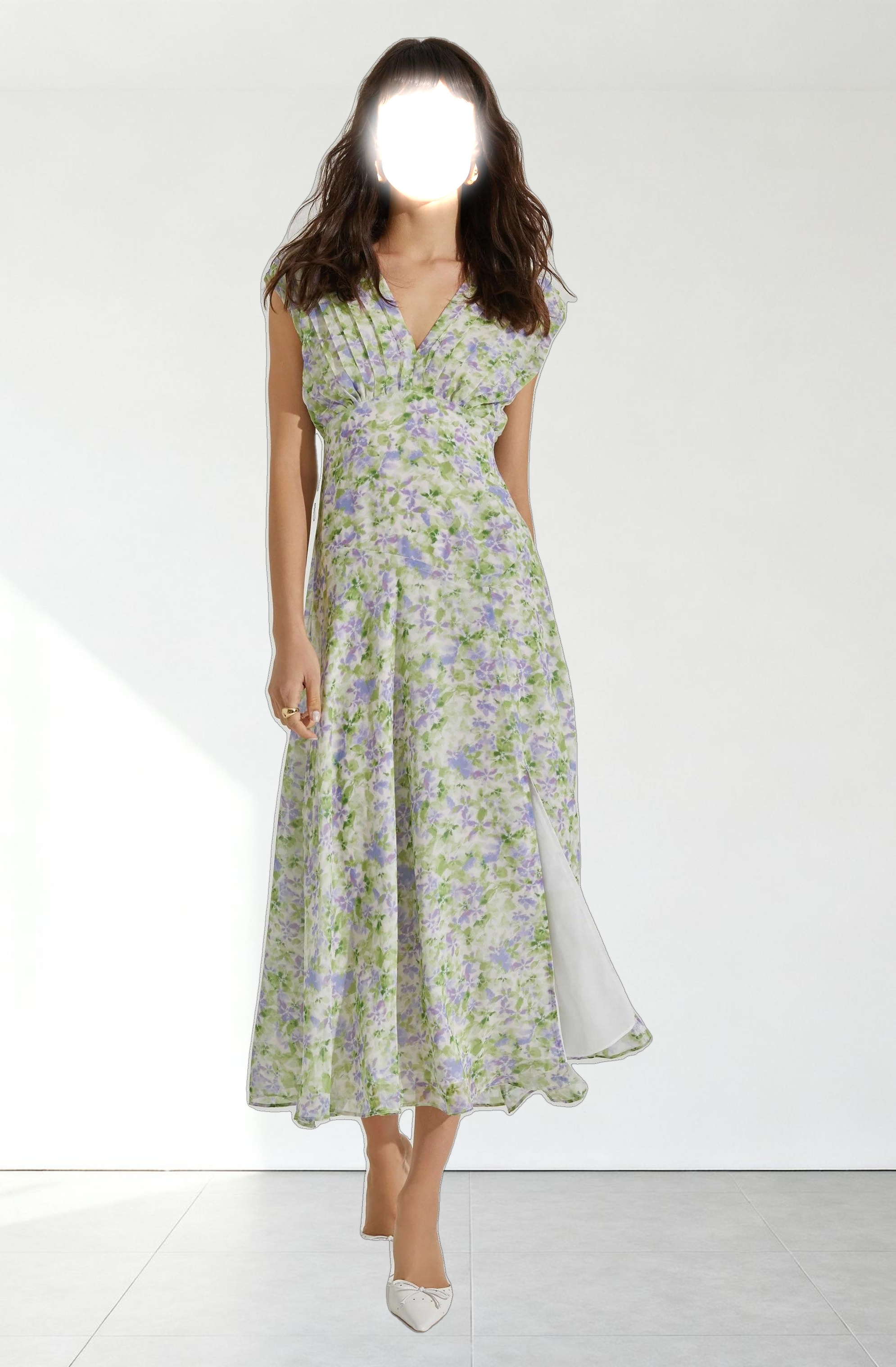 V-Neck Pleated Midi Dress