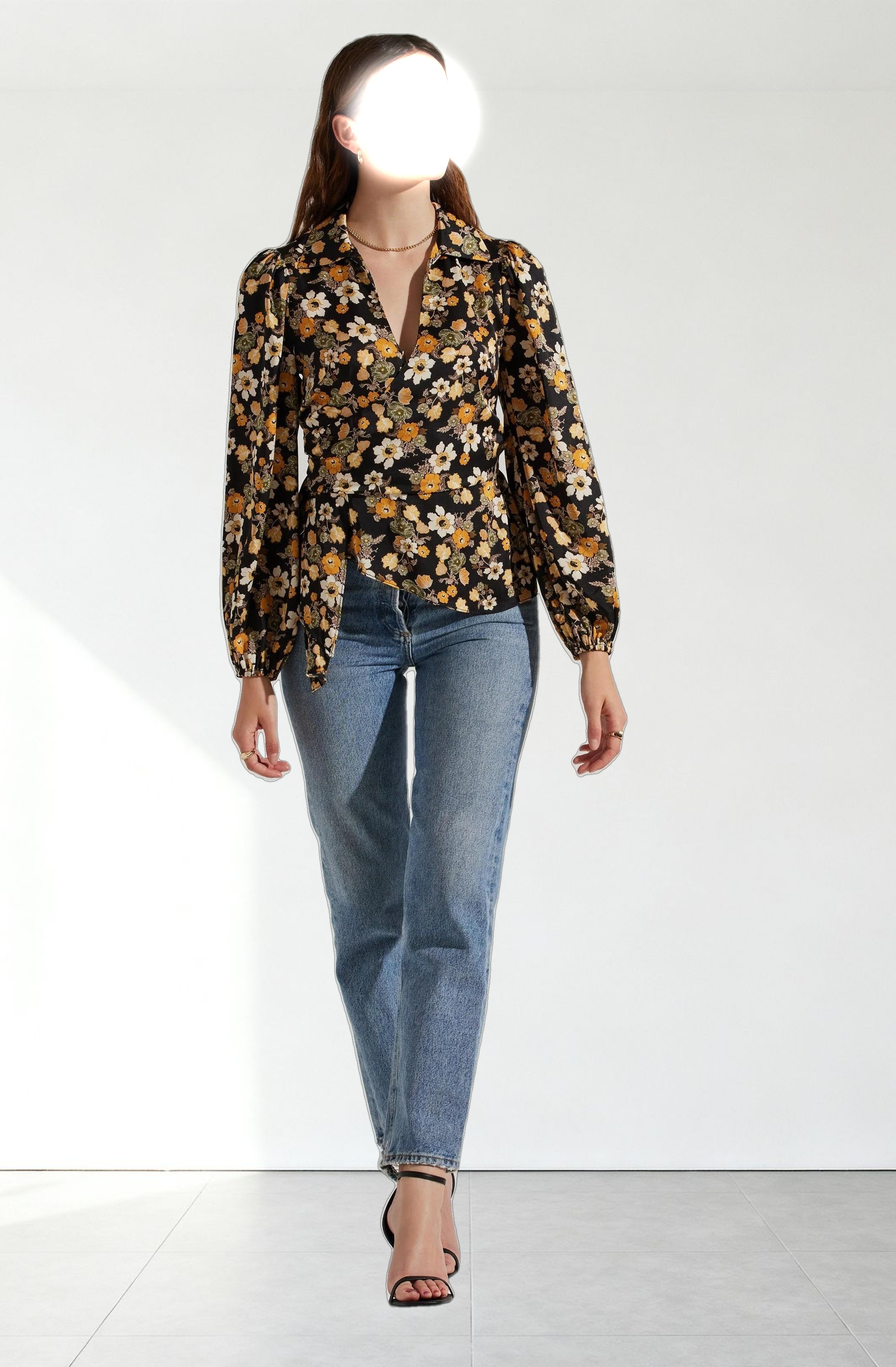 Asymmetrical Collared Floral Wrap Top
