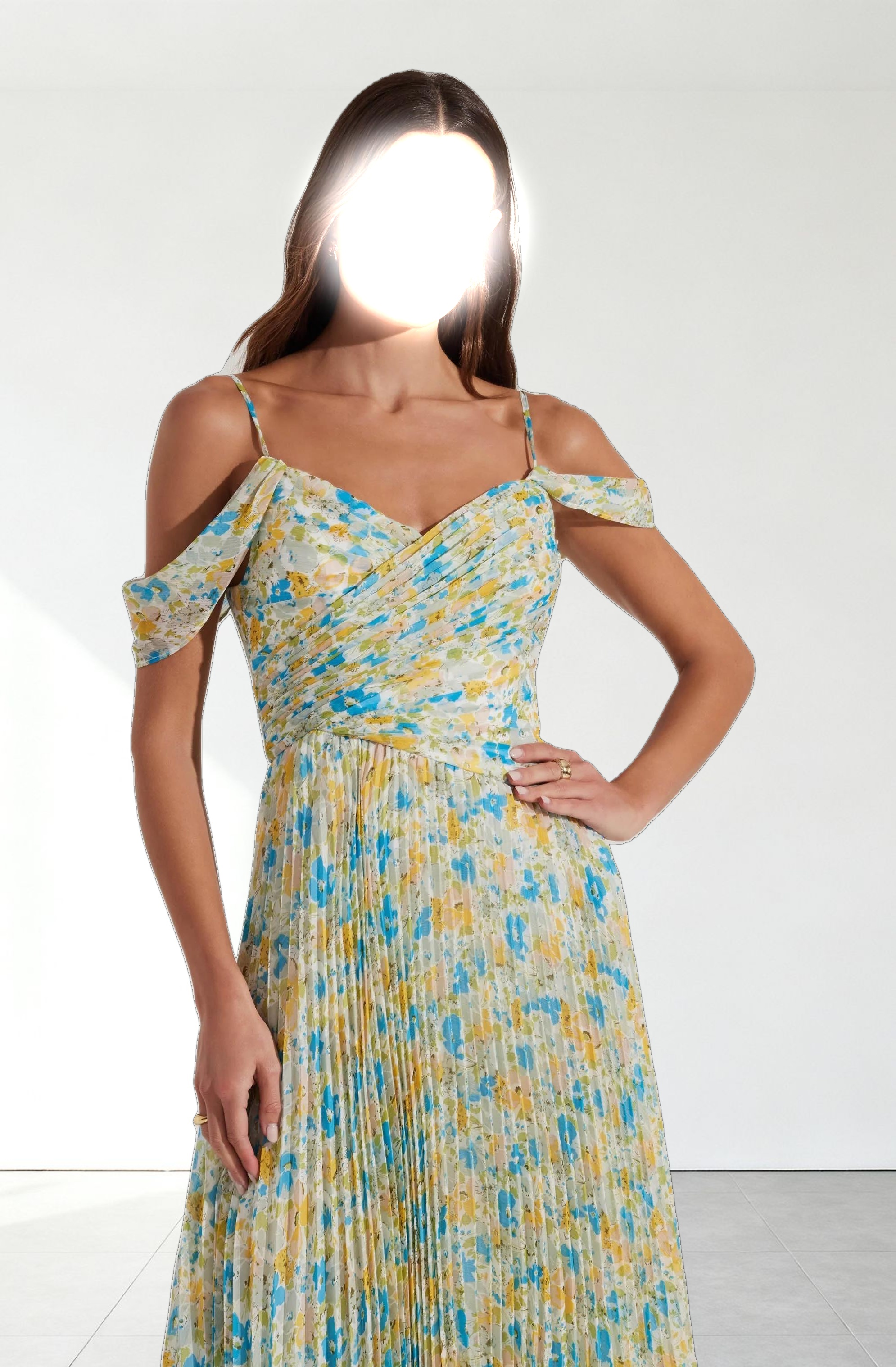 Pleated Cold Shoulder Midi Dress