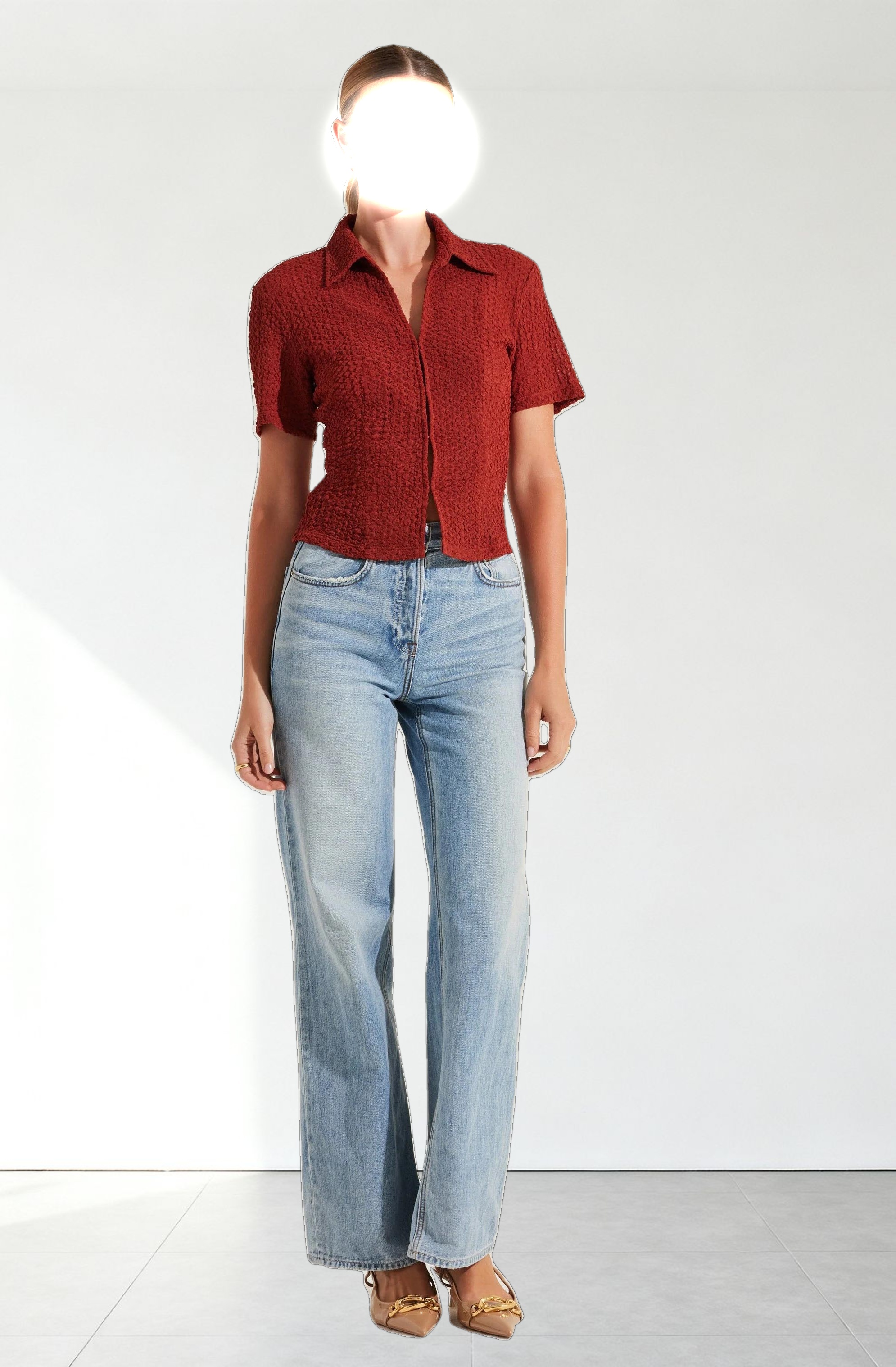 Textured Collared Hook-Closure Top