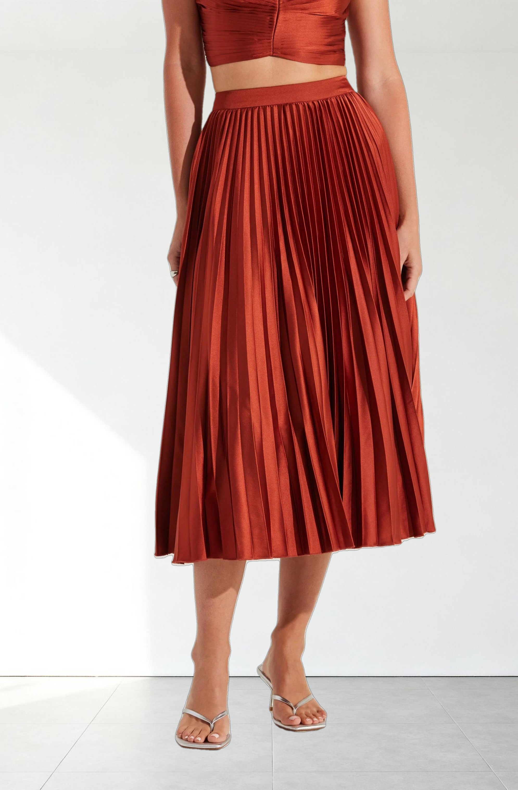 Pleated Satin Midi Skirt
