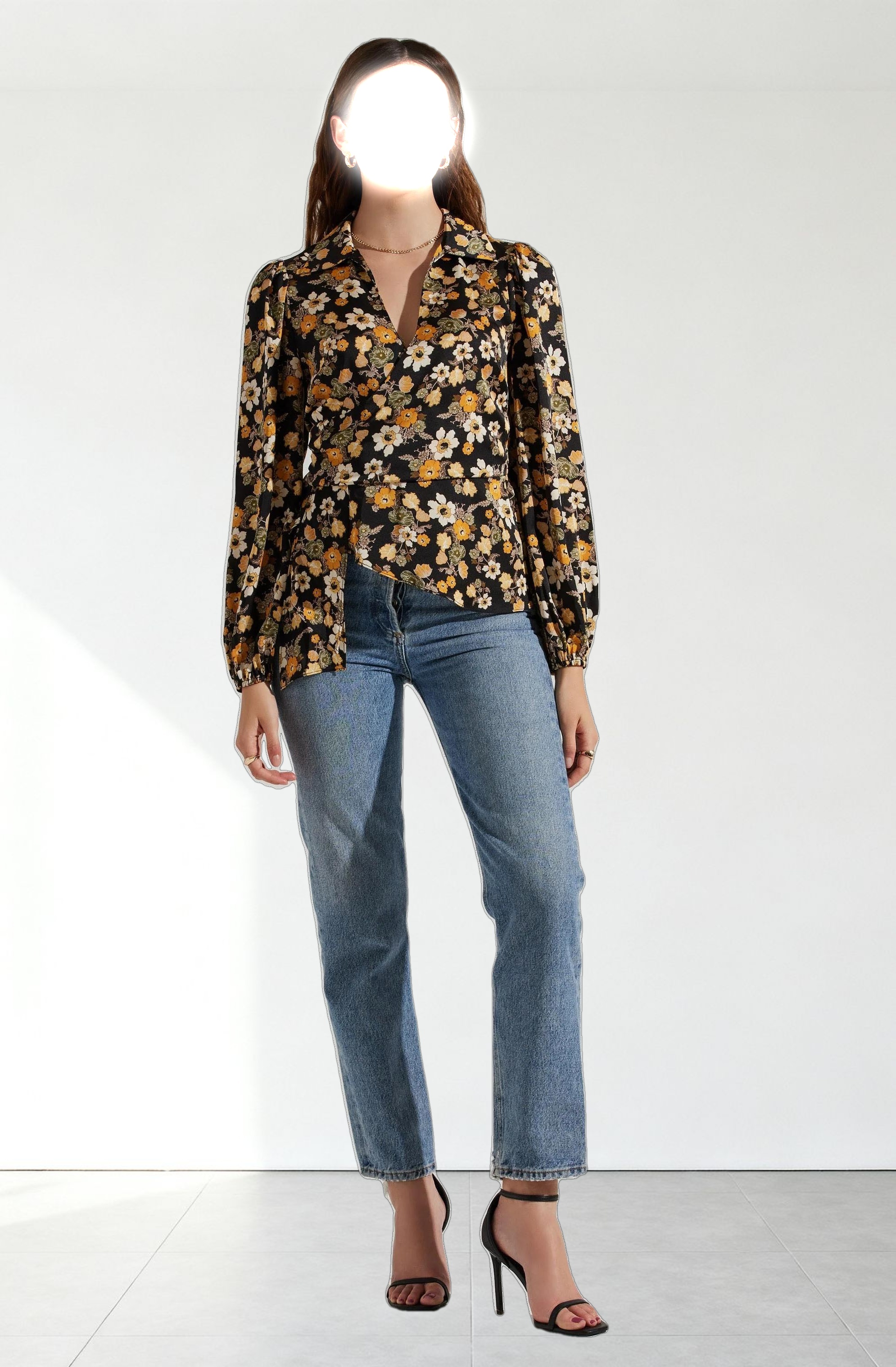 Asymmetrical Collared Floral Wrap Top