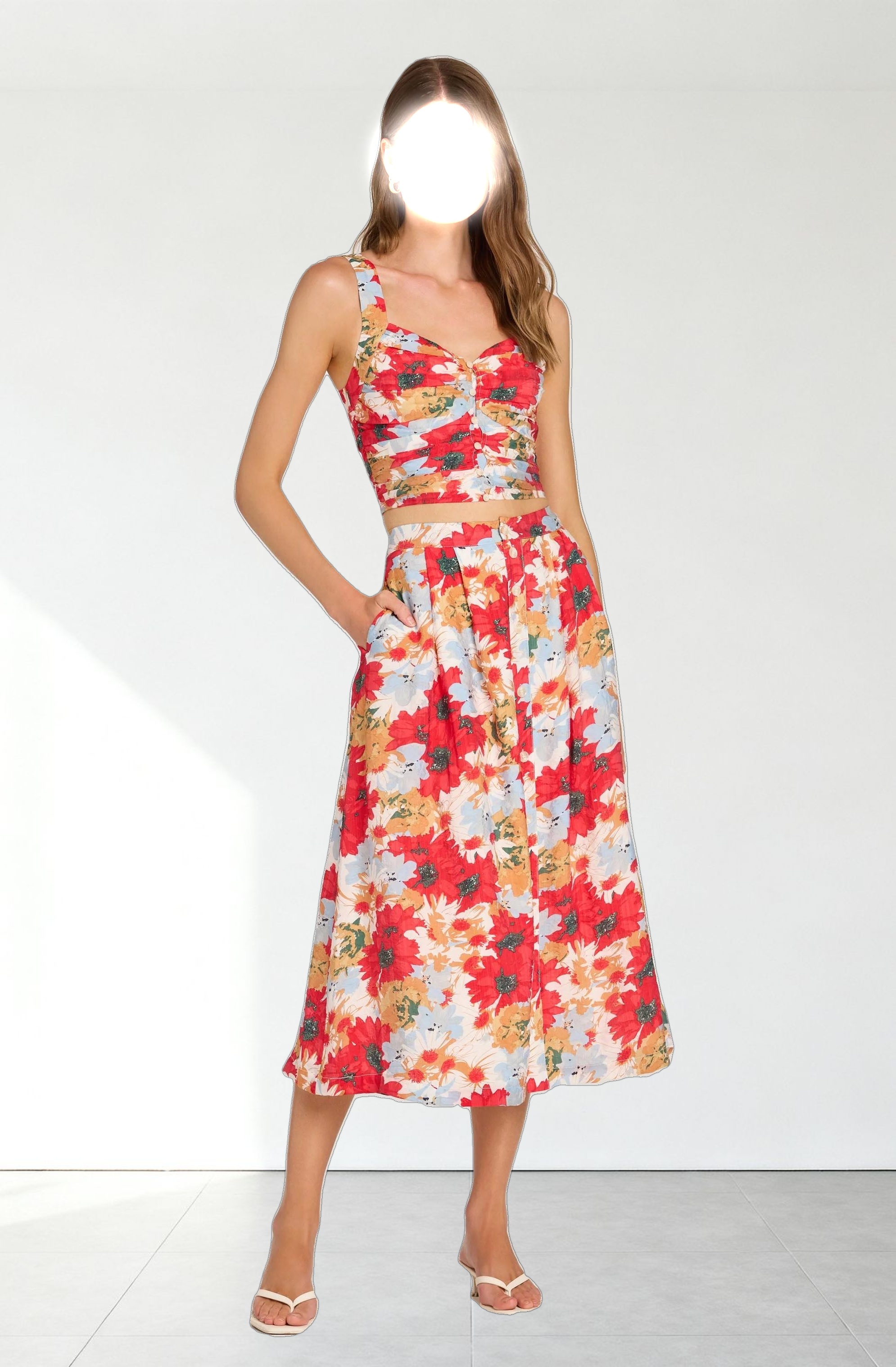 Button Front Pleated Midi Skirt