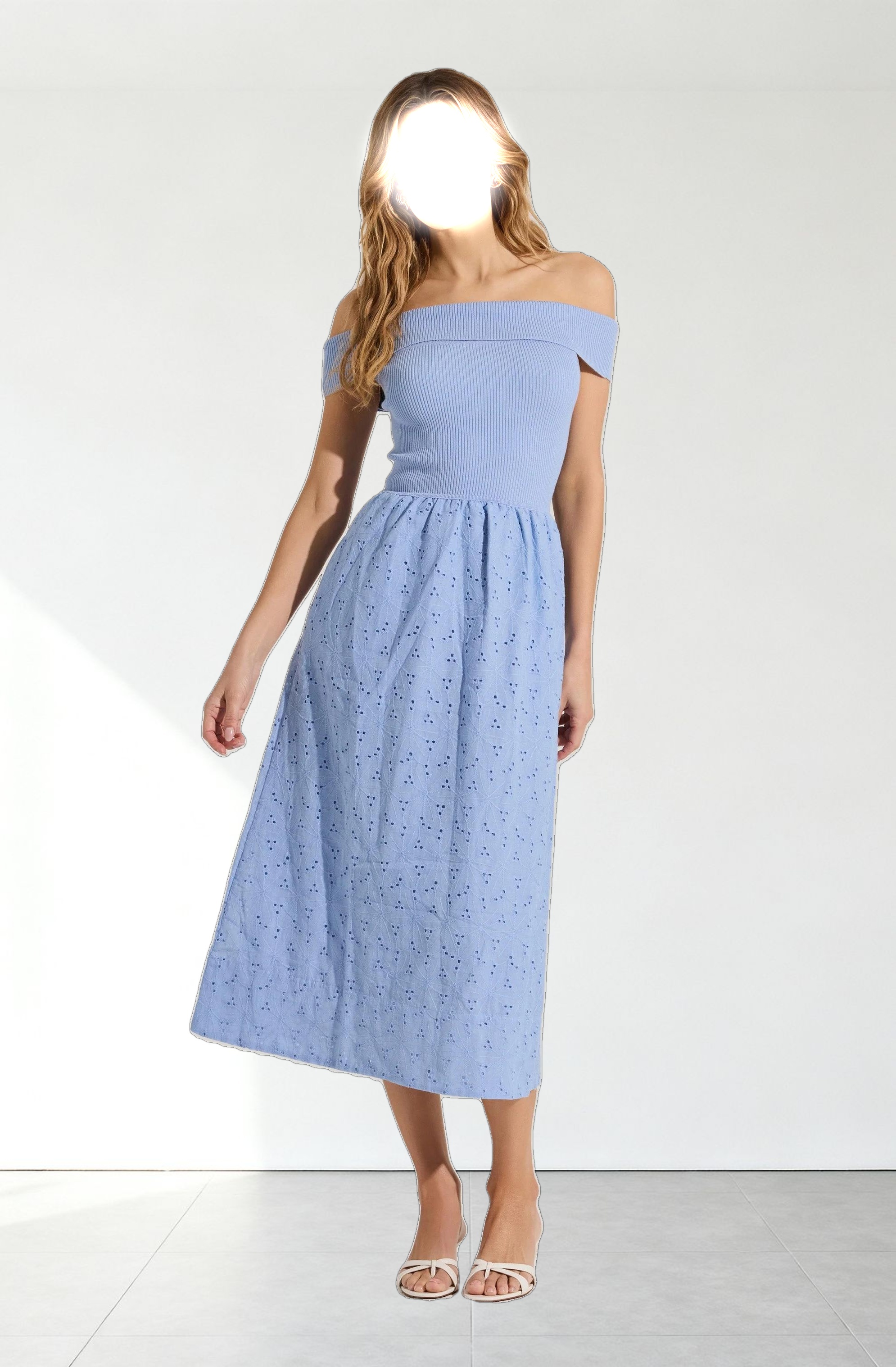 Off Shoulder Eyelet Midi Dress