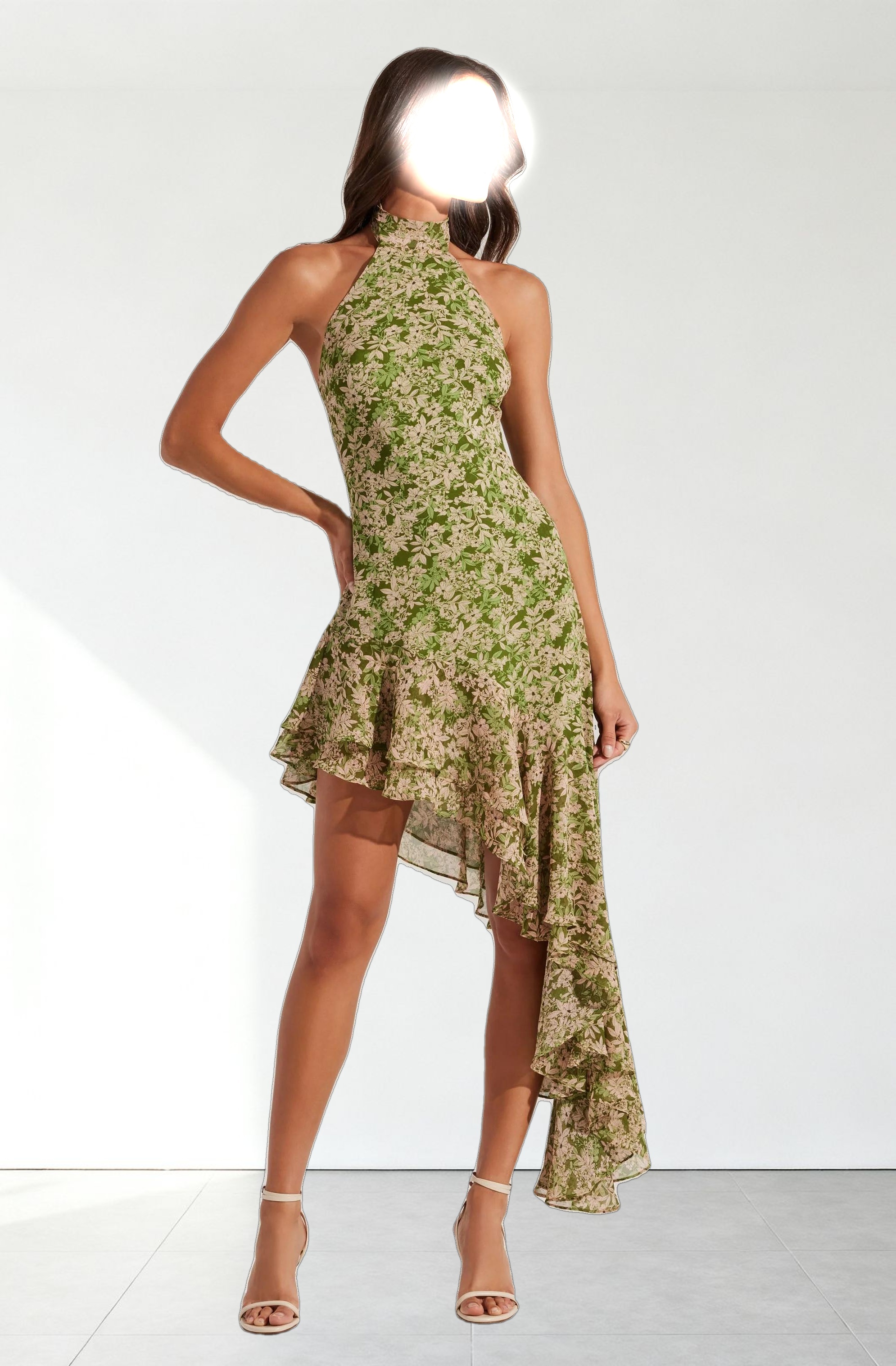 Asymmetrical Ruffle Hem Halter Dress