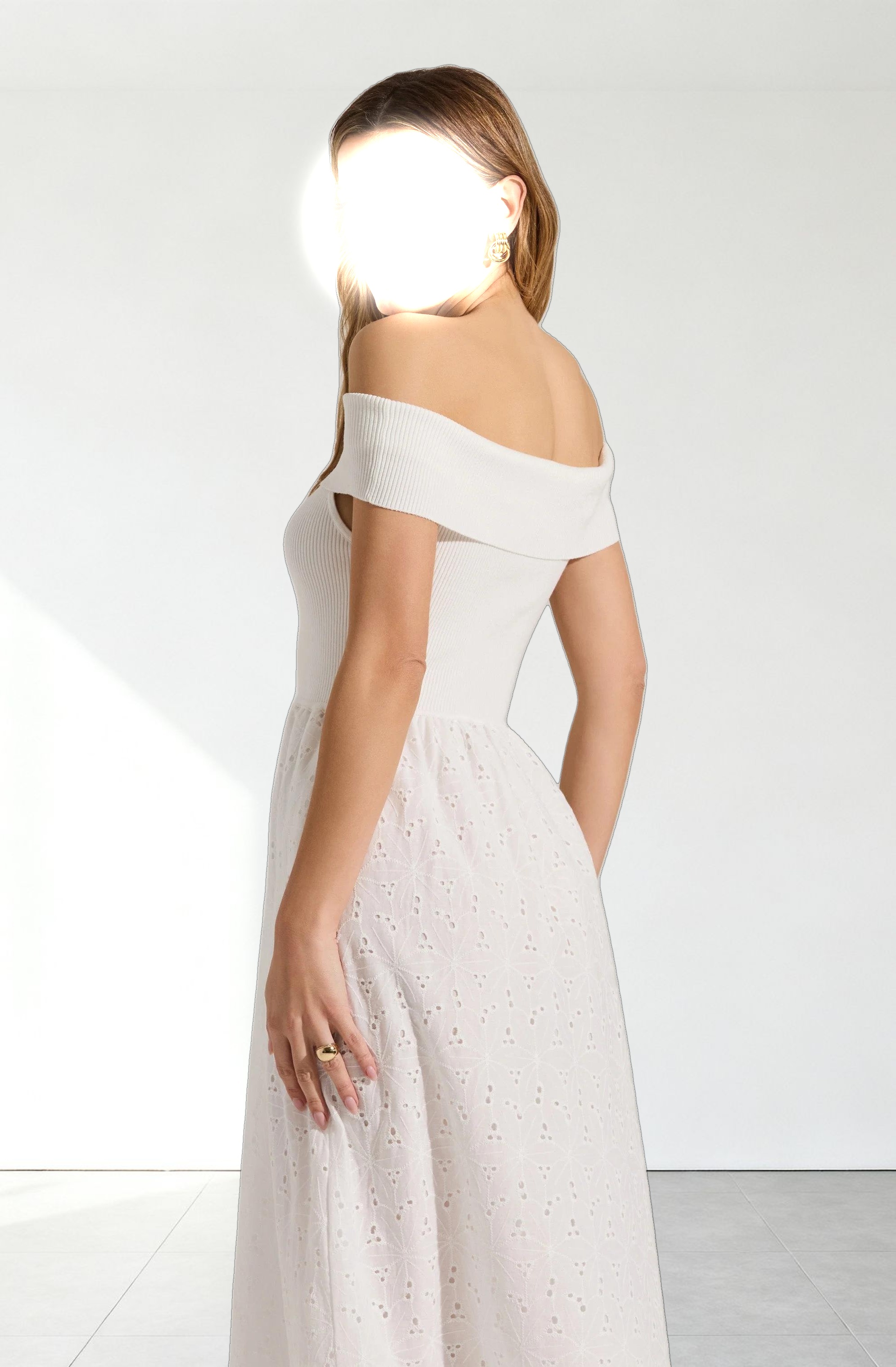 Off Shoulder Eyelet Midi Dress