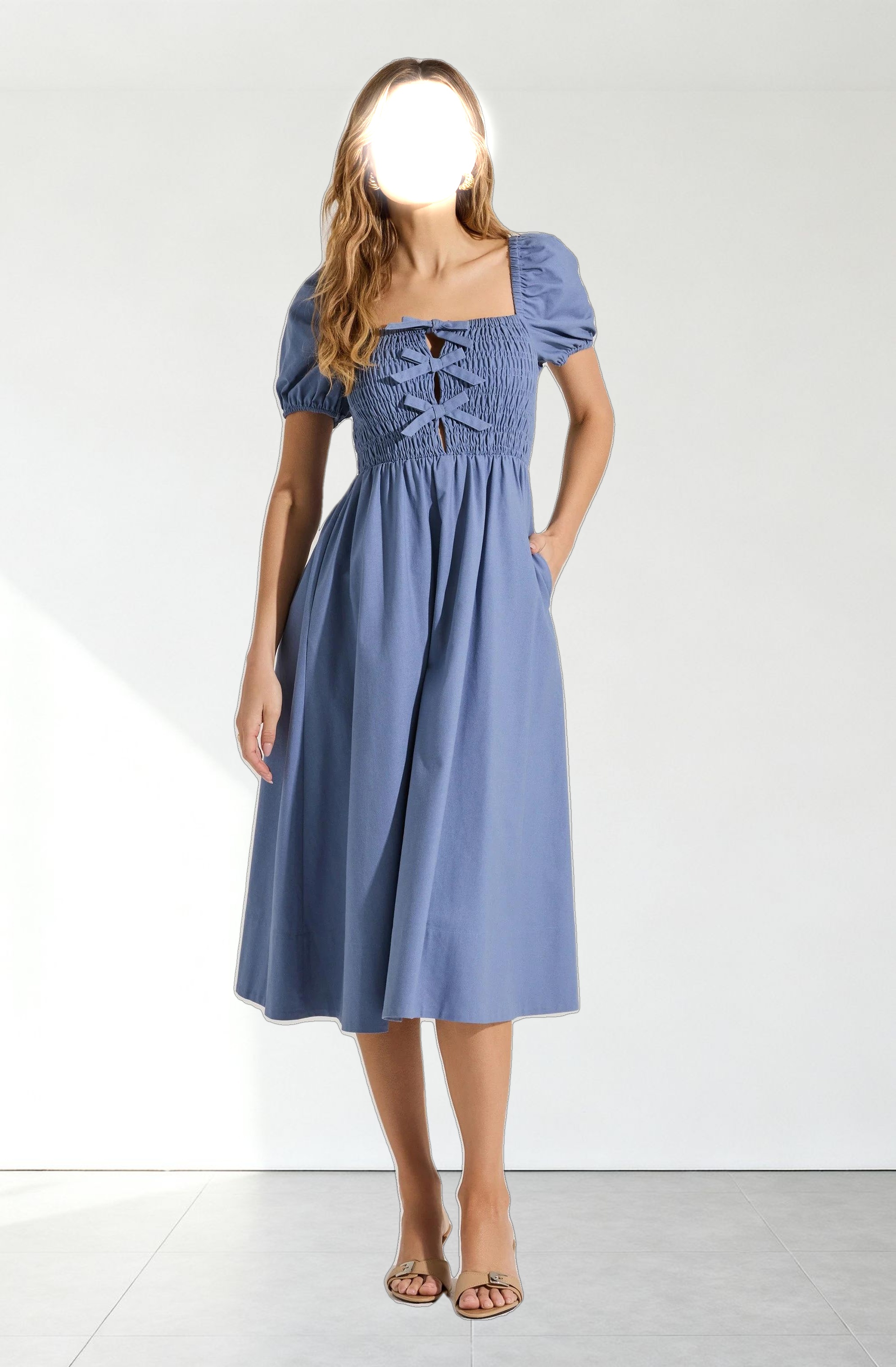 Smocked Bow Midi Dress