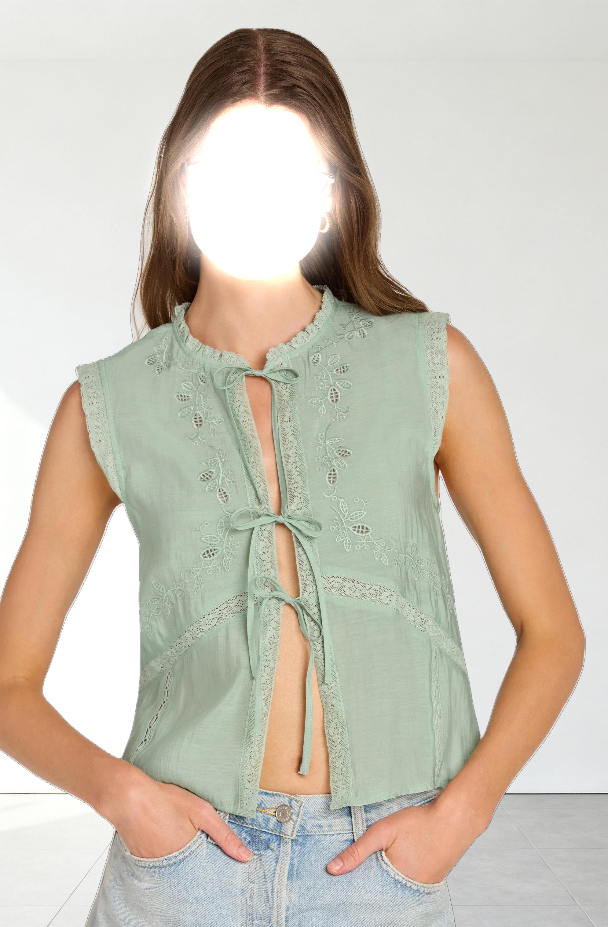 Lace Trim Tie-Front Top