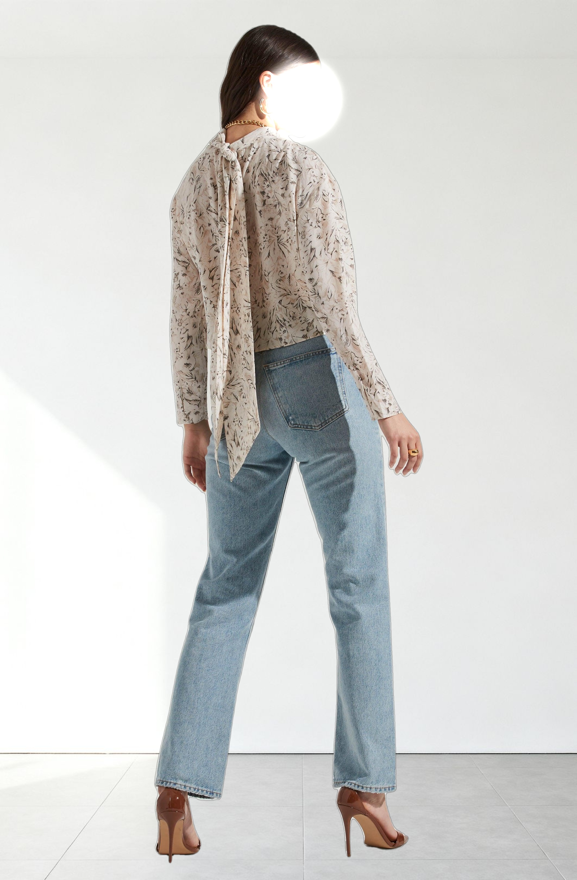 Long Sleeve Drape Tie Back Neck Back Top