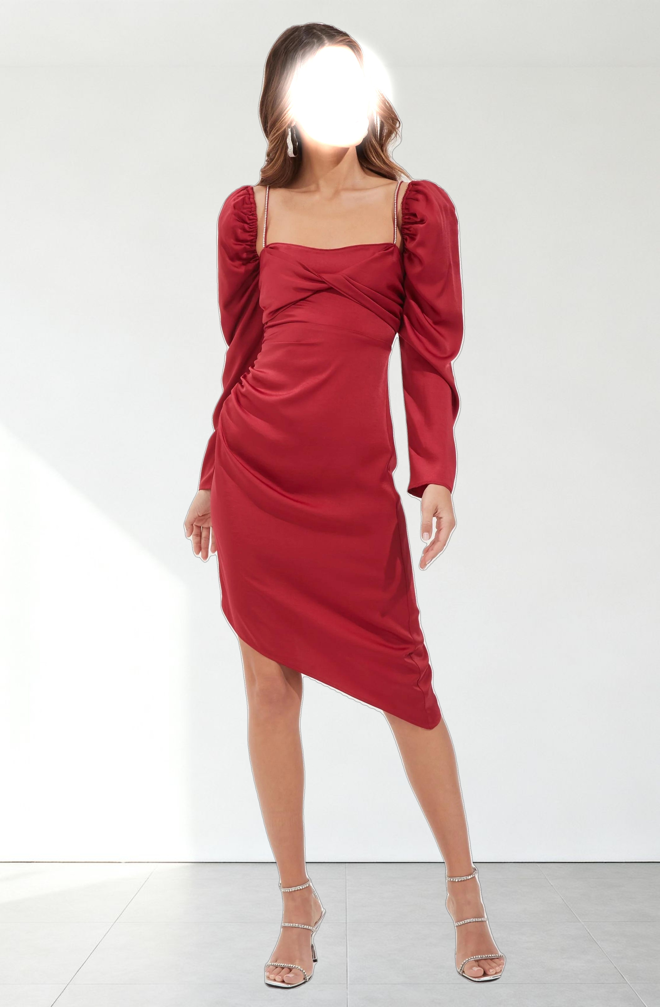 Claudina Rhinestone Embellished Satin Long Sleeve Midi Dress