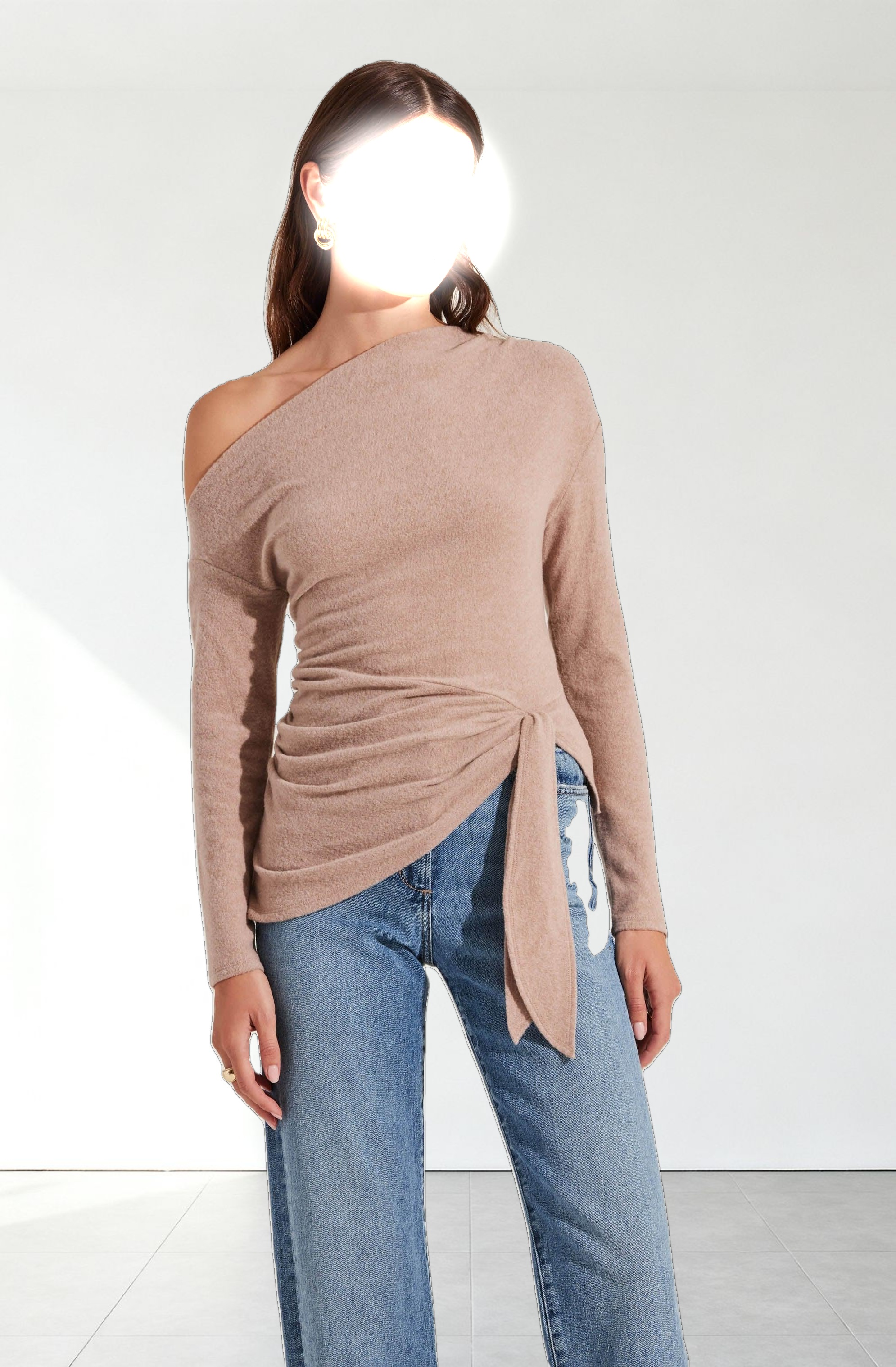 Asymmetrical Off Shoulder Tie Knit Top
