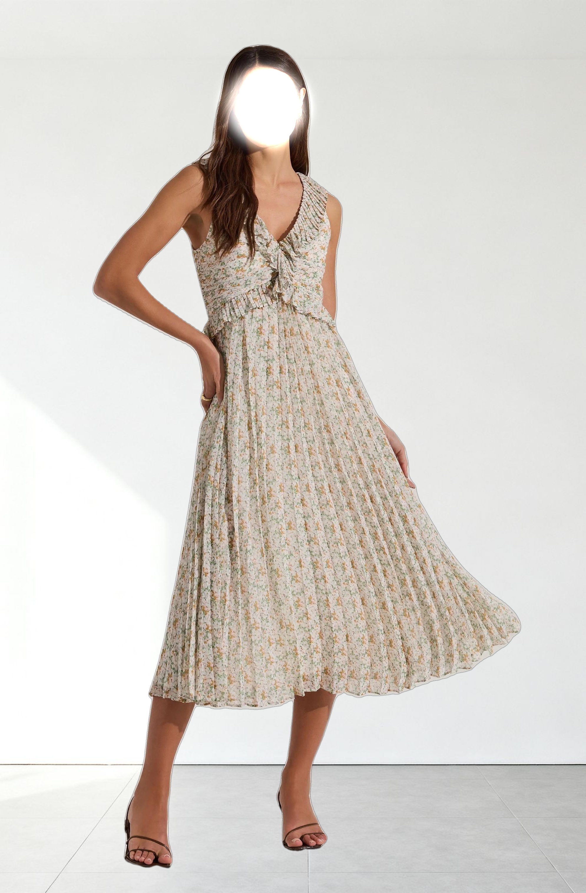 Floral Ruffle Pleated Midi Dress