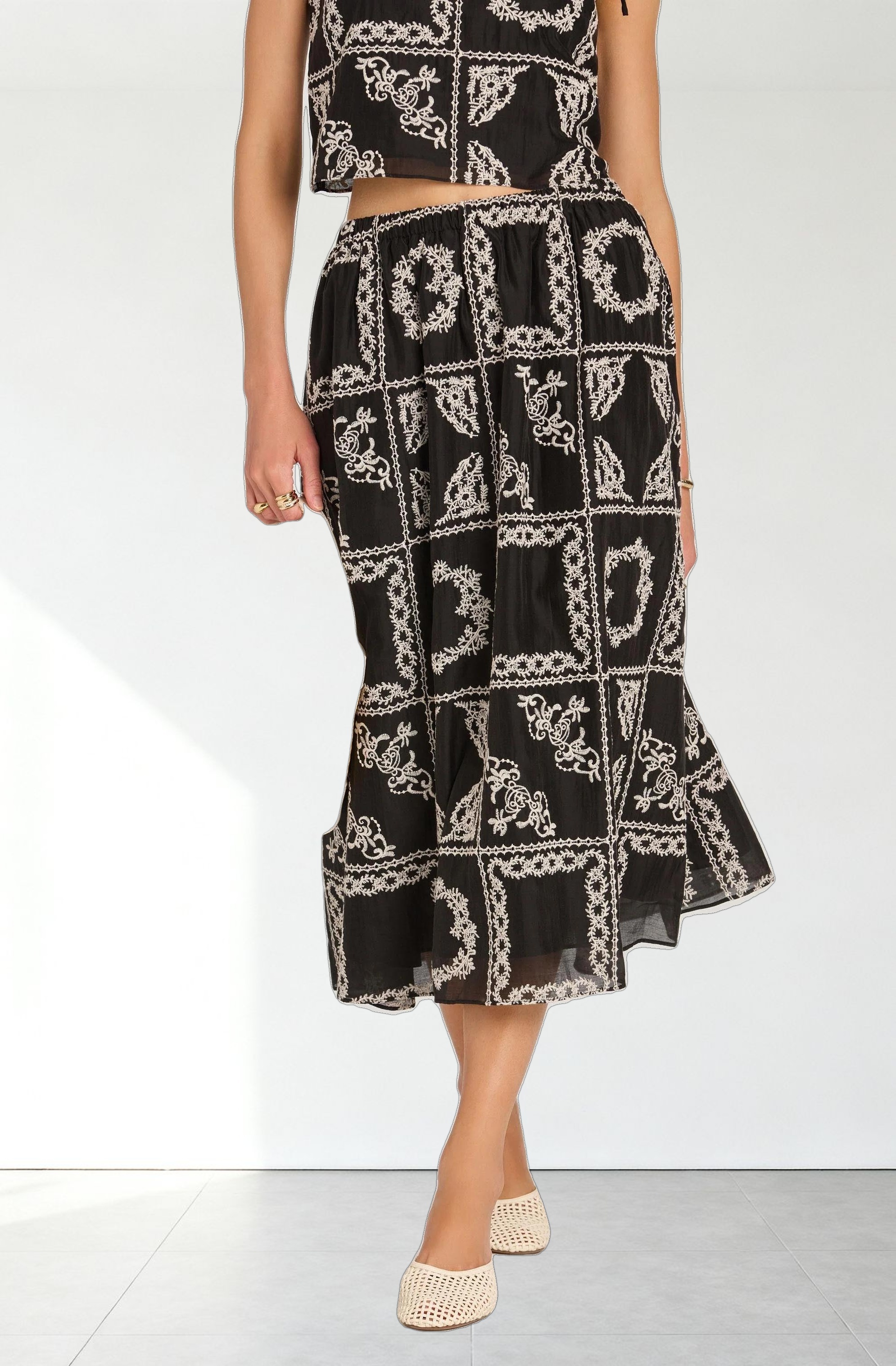 Embroidered Cutwork Midi Skirt