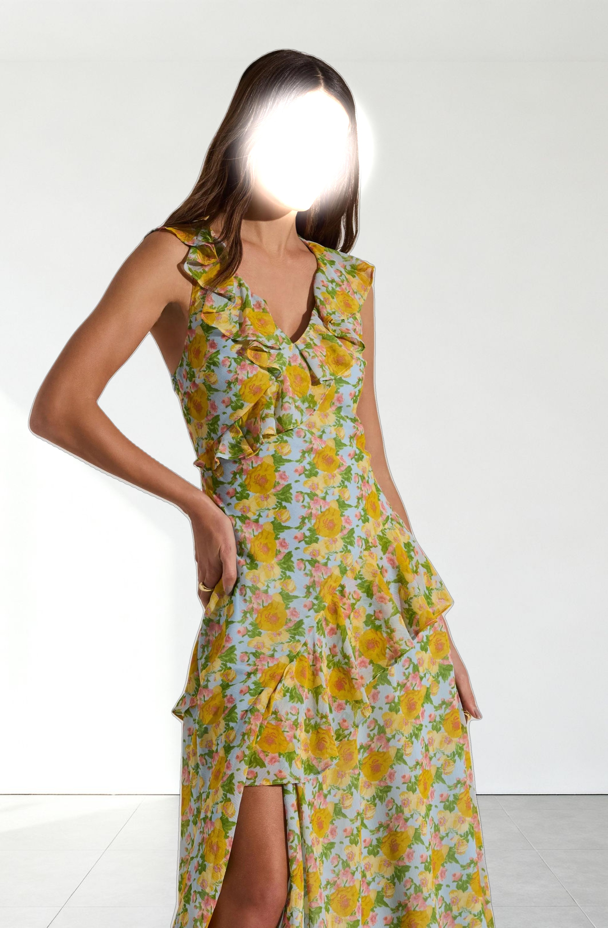 V-neck Floral Ruffle Midi Dress