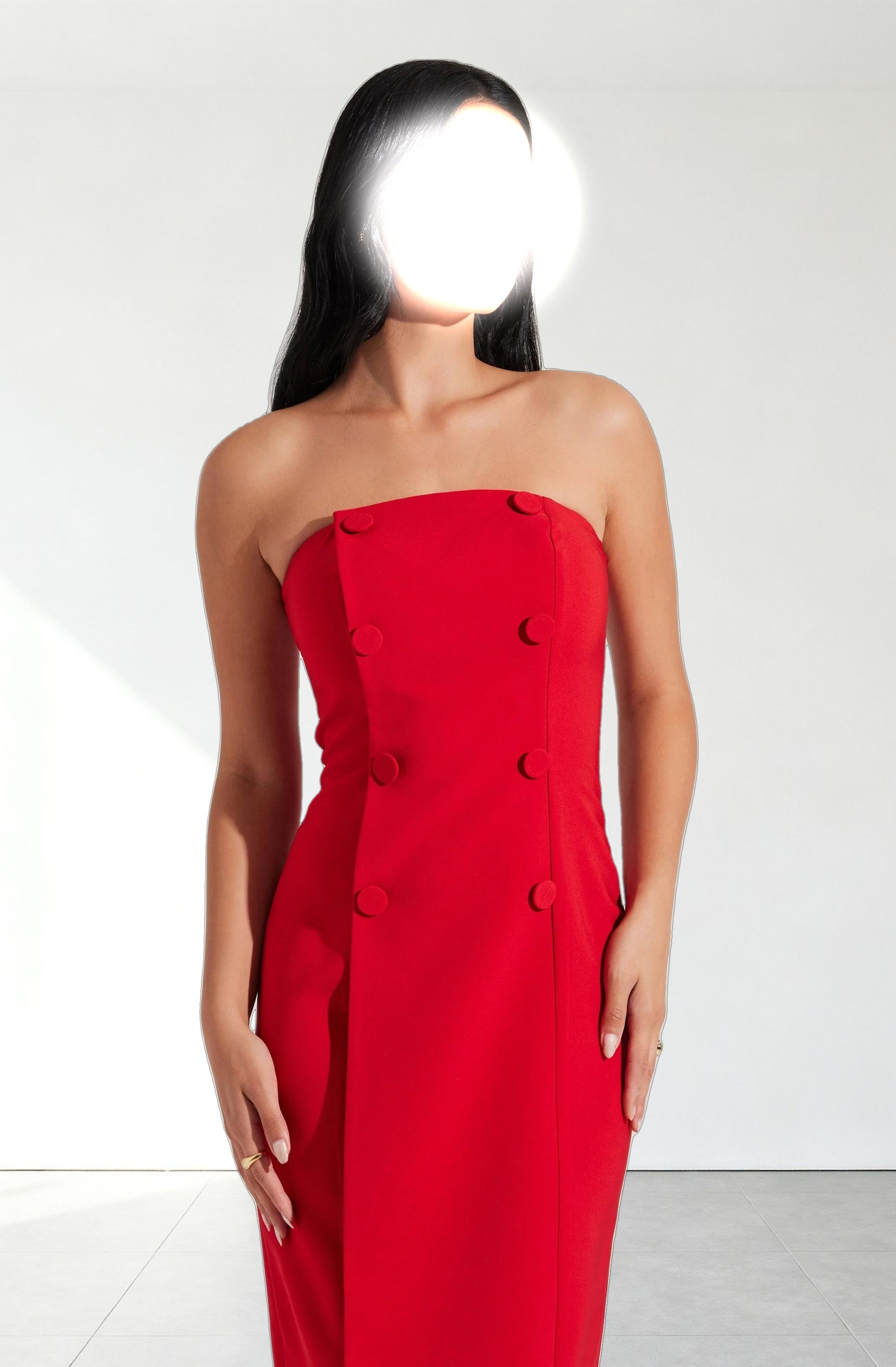 Strapless Double-Breasted Midi Dress