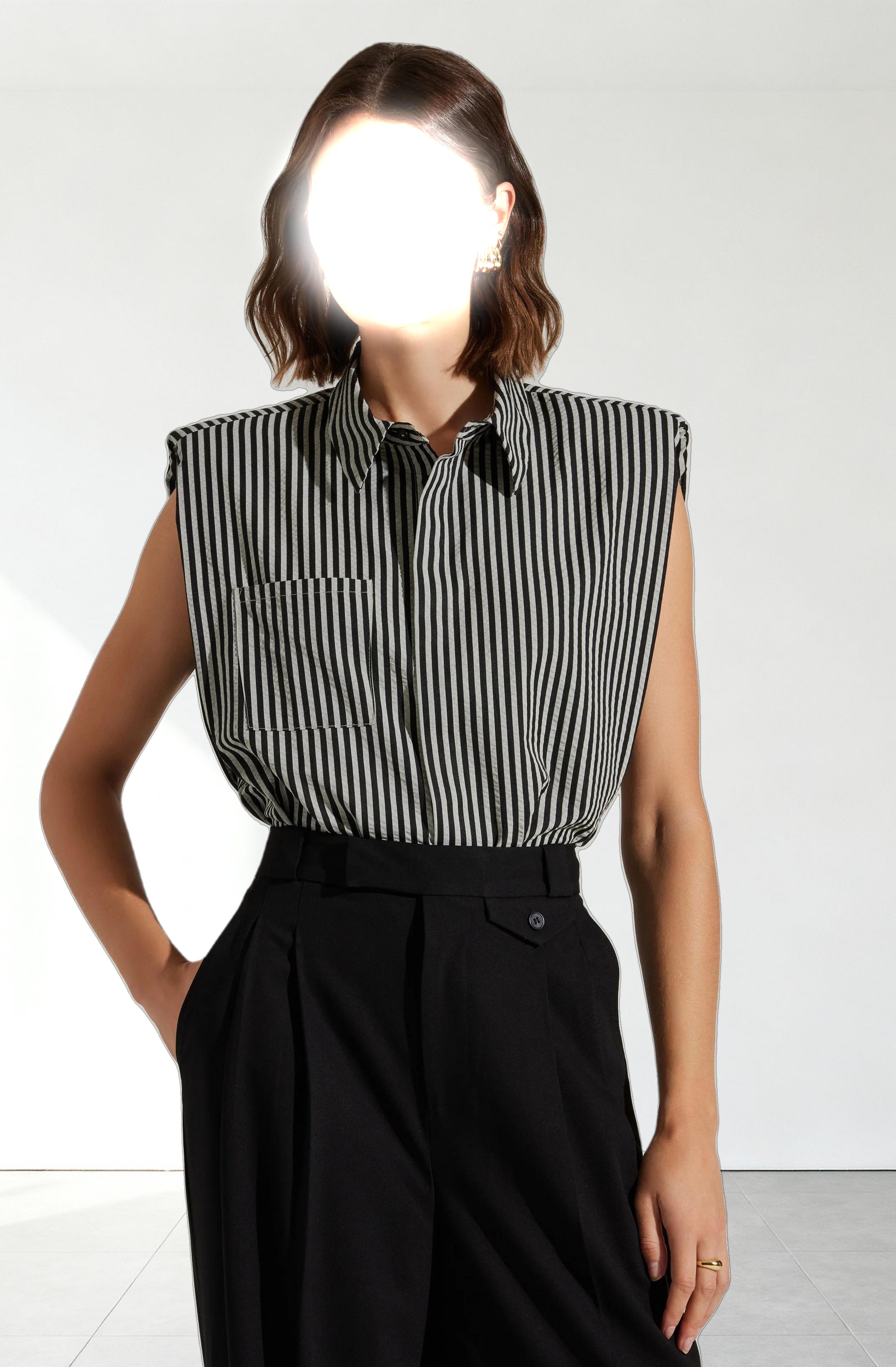 Elswyth Padded Shoulder Button-Up Top