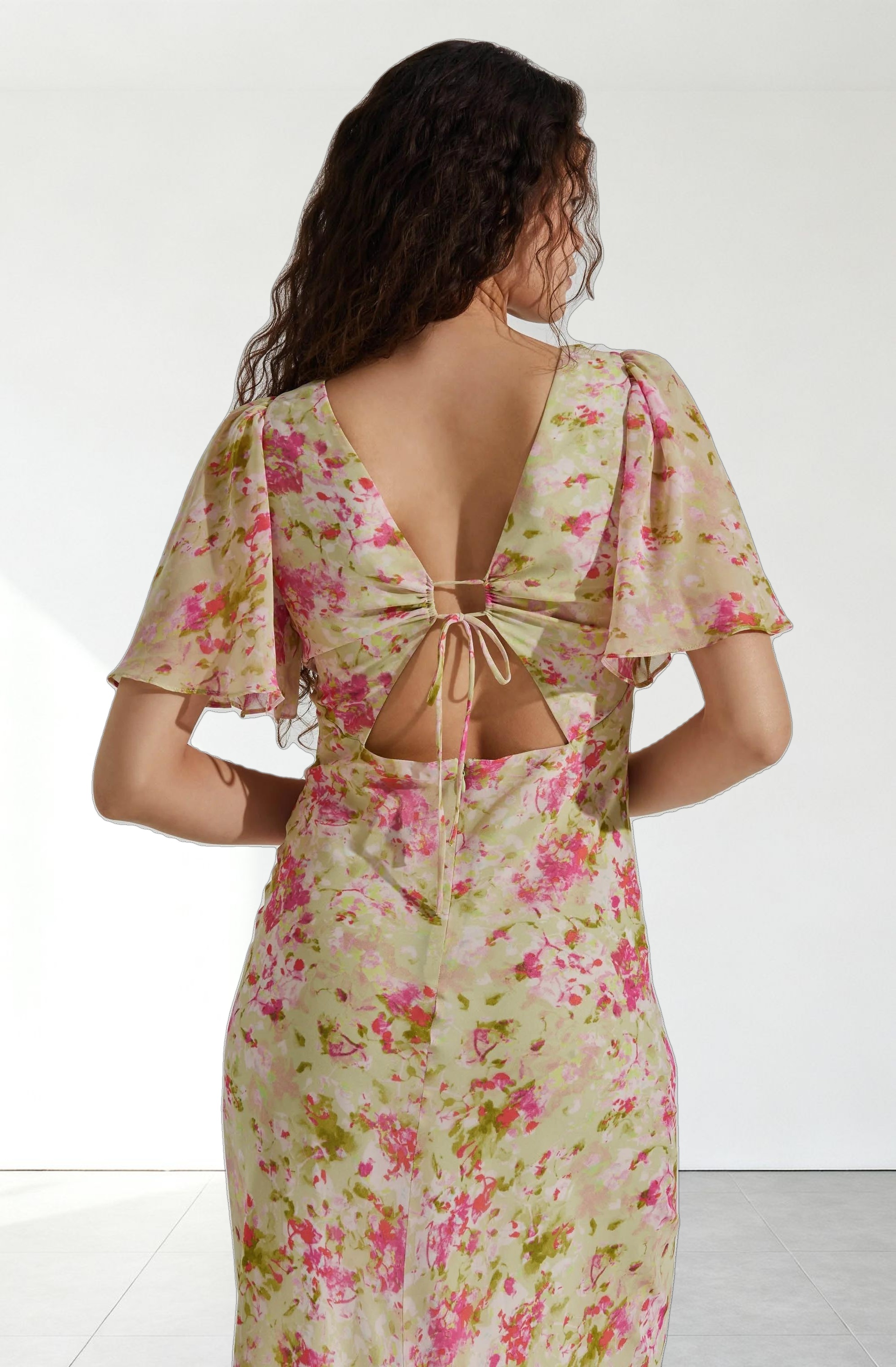 Tie Back Flutter Sleeve Midi Dress