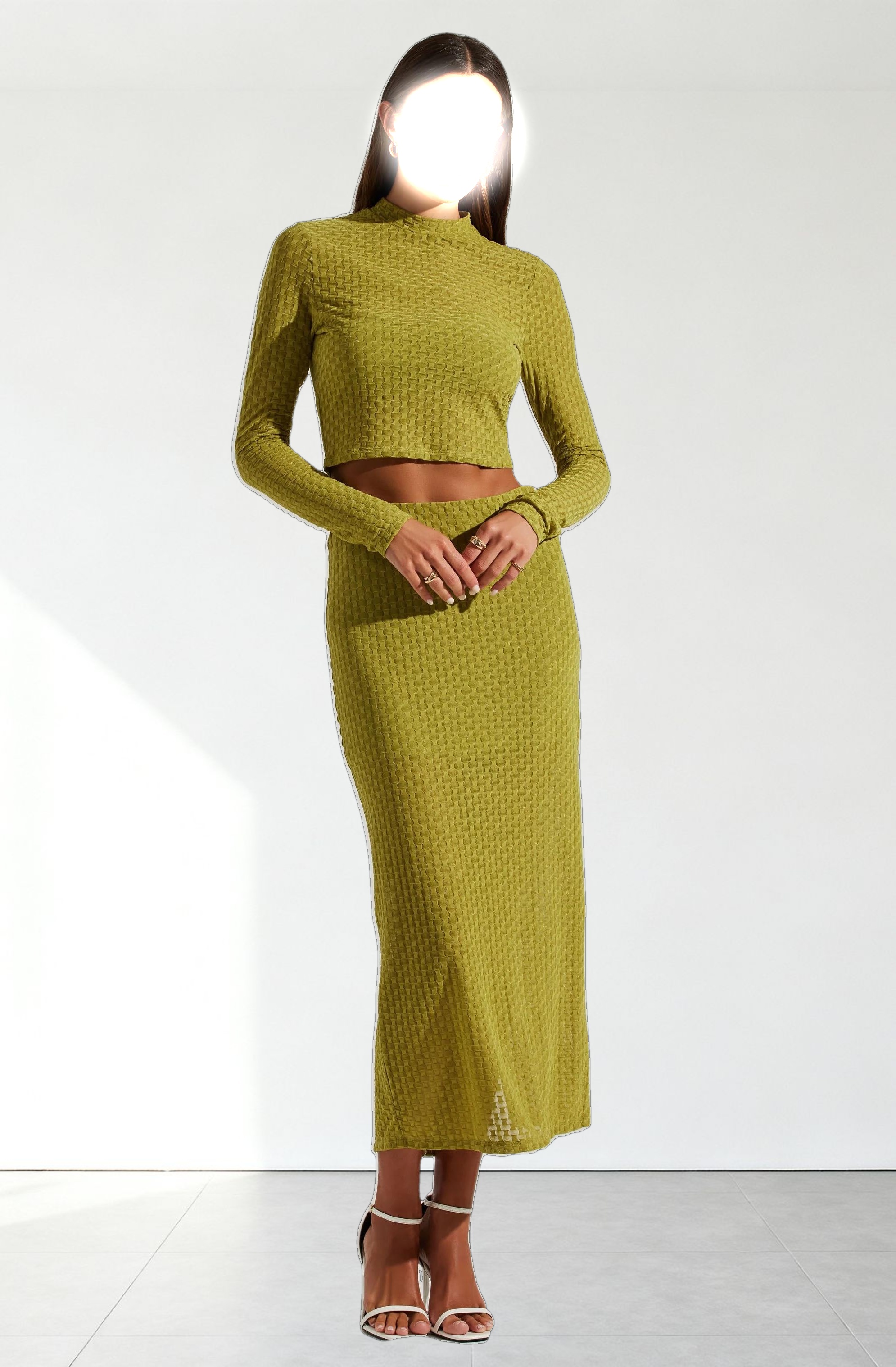 Indah Semi Sheer Mock Neck Long Sleeve Top