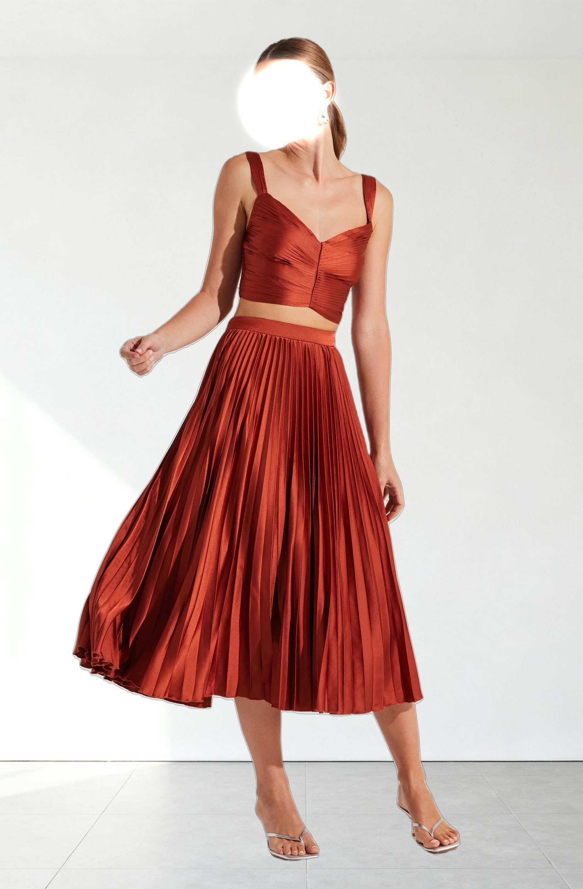 Pleated Satin Midi Skirt