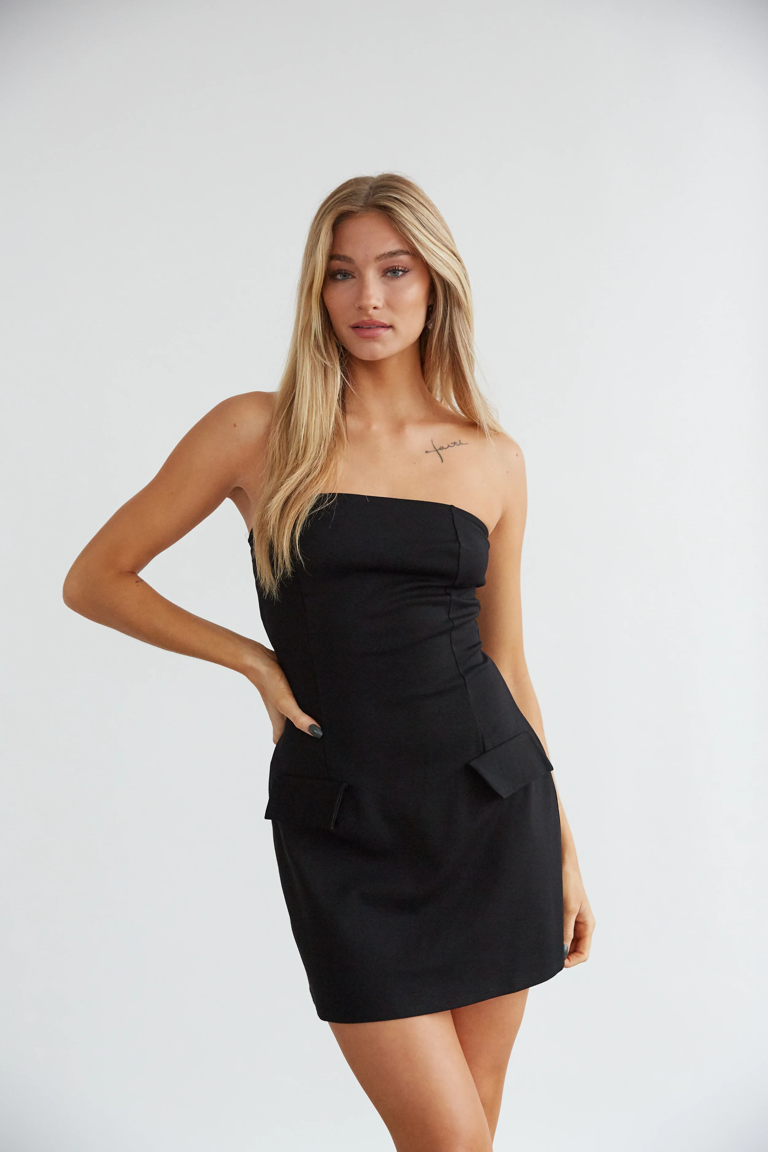Penelope Strapless Front Pocket Mini Dress