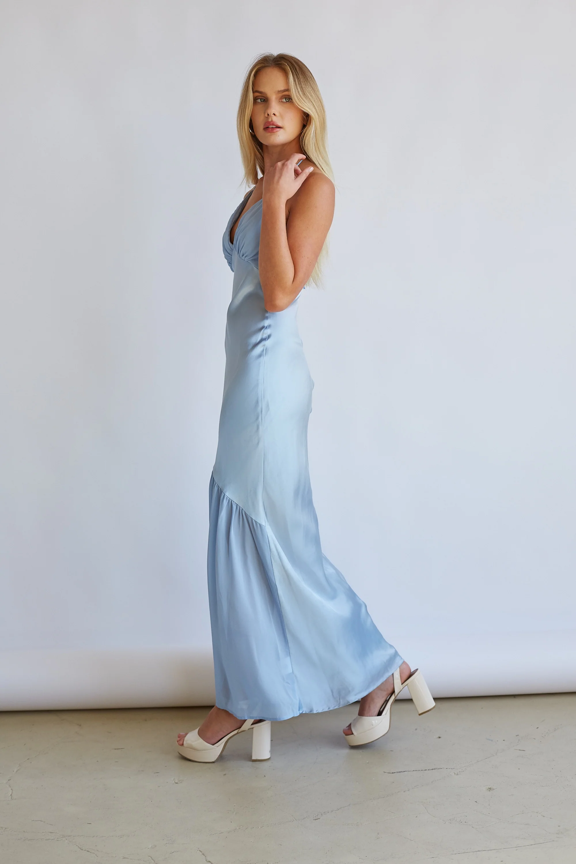 Lucinda Halter V-Neck Open Back Satin Midi Dress
