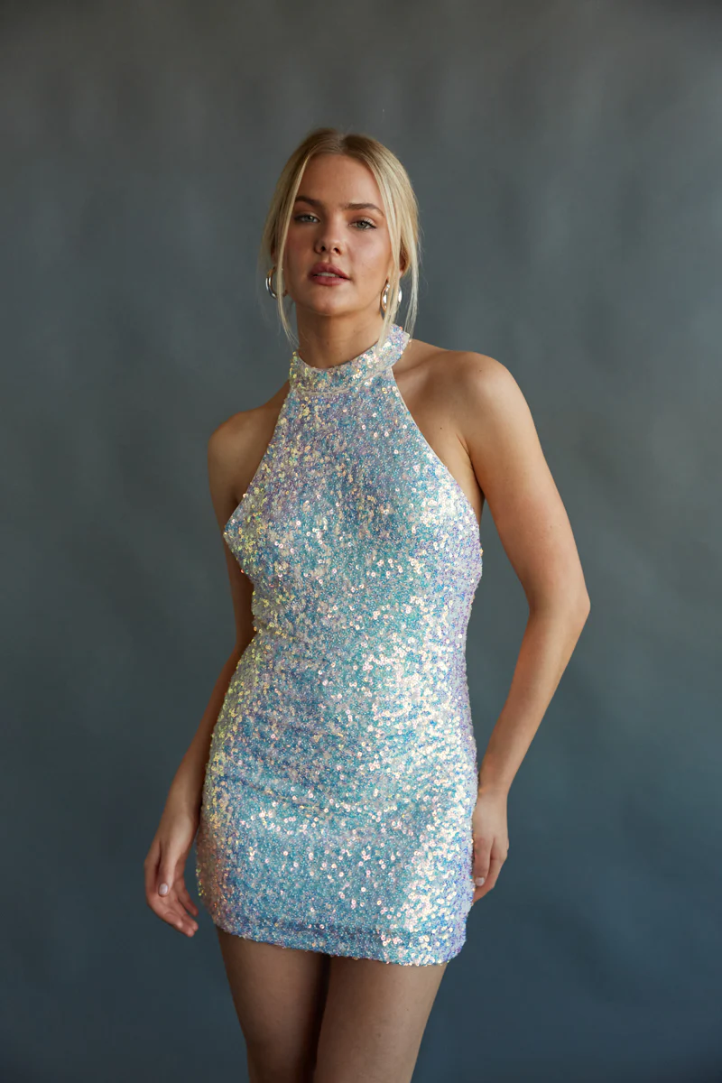 Ophelia Open Back Halter Neck Sequin Bodycon Mini Dress