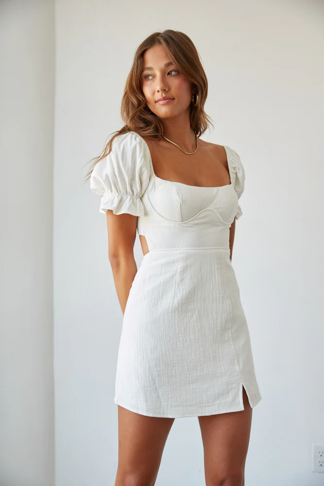 Drew Puff Sleeve Corset Linen Mini Dress
