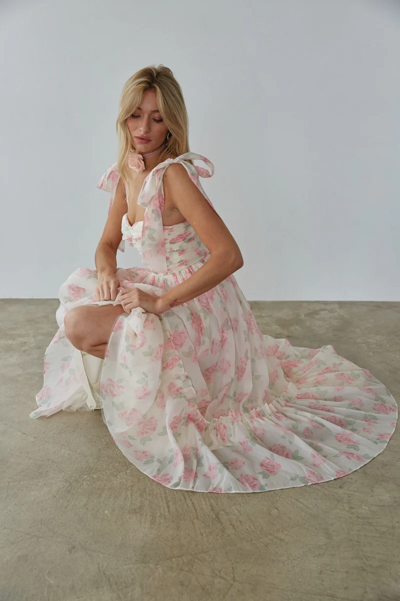 Celine Floral Tie Strap Bustier Maxi Dress