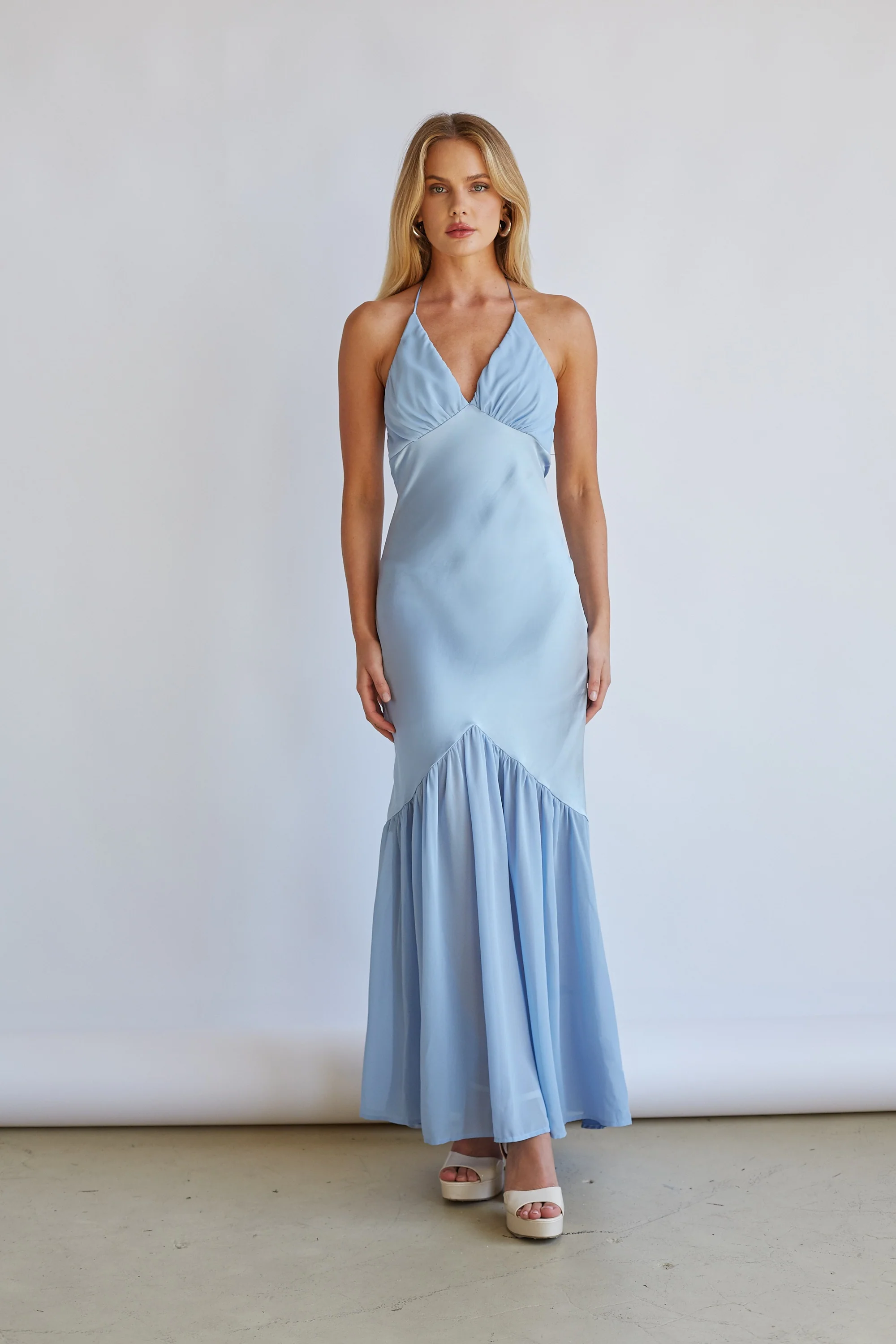 Lucinda Halter V-Neck Open Back Satin Midi Dress