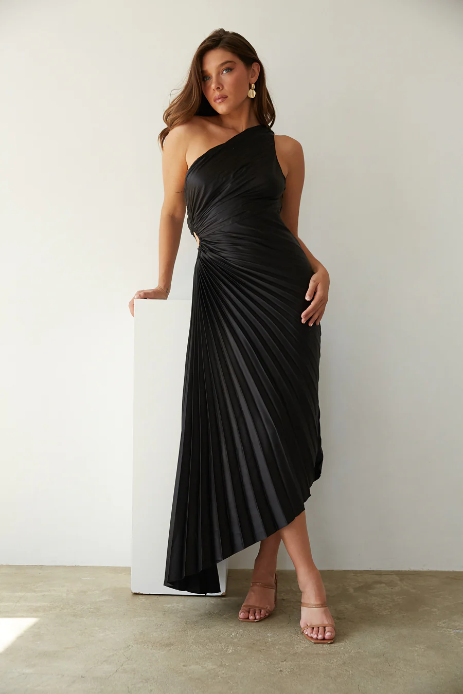 Zora One Shoulder Pleated Midi Dress