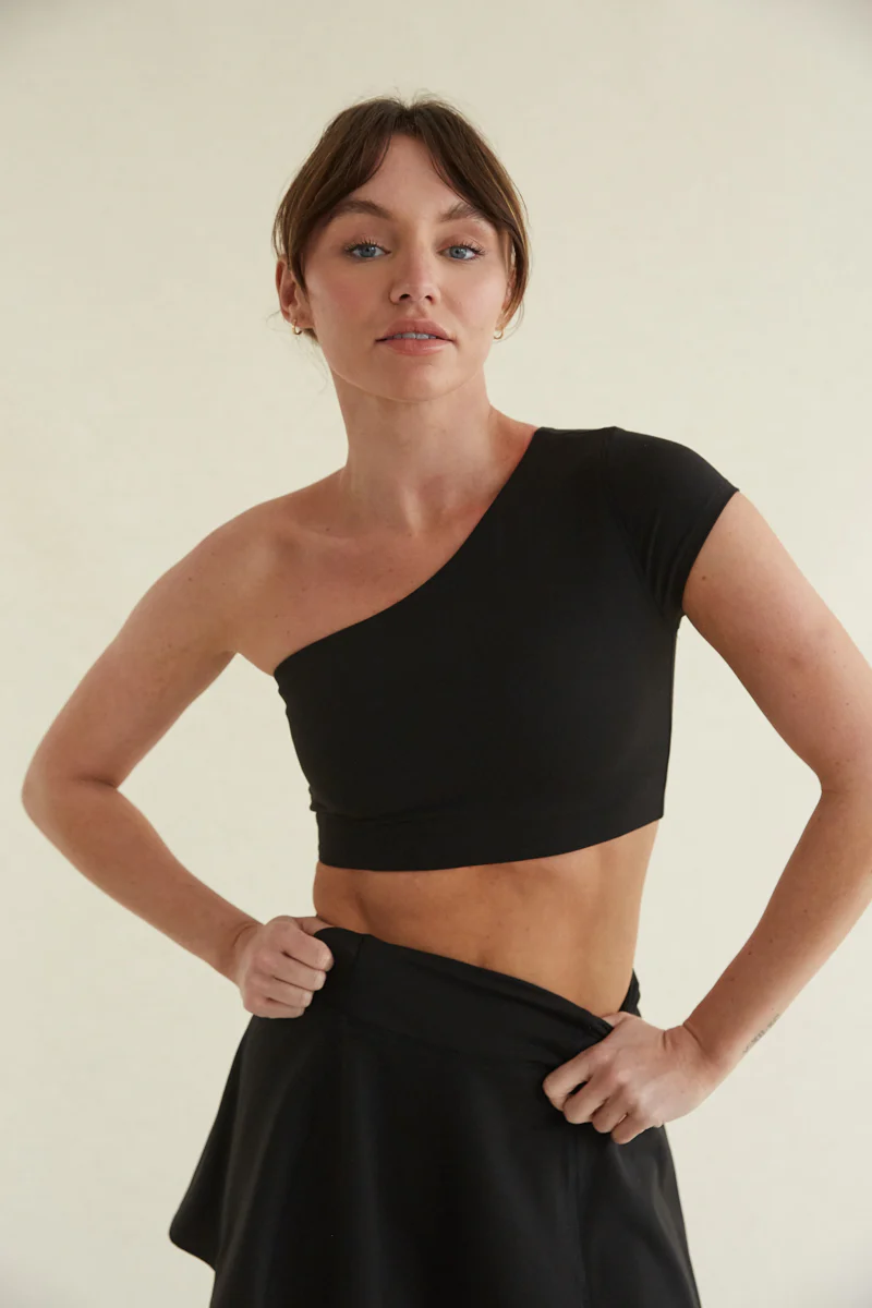 Mia Smoothing One Shoulder Crop Top in Black