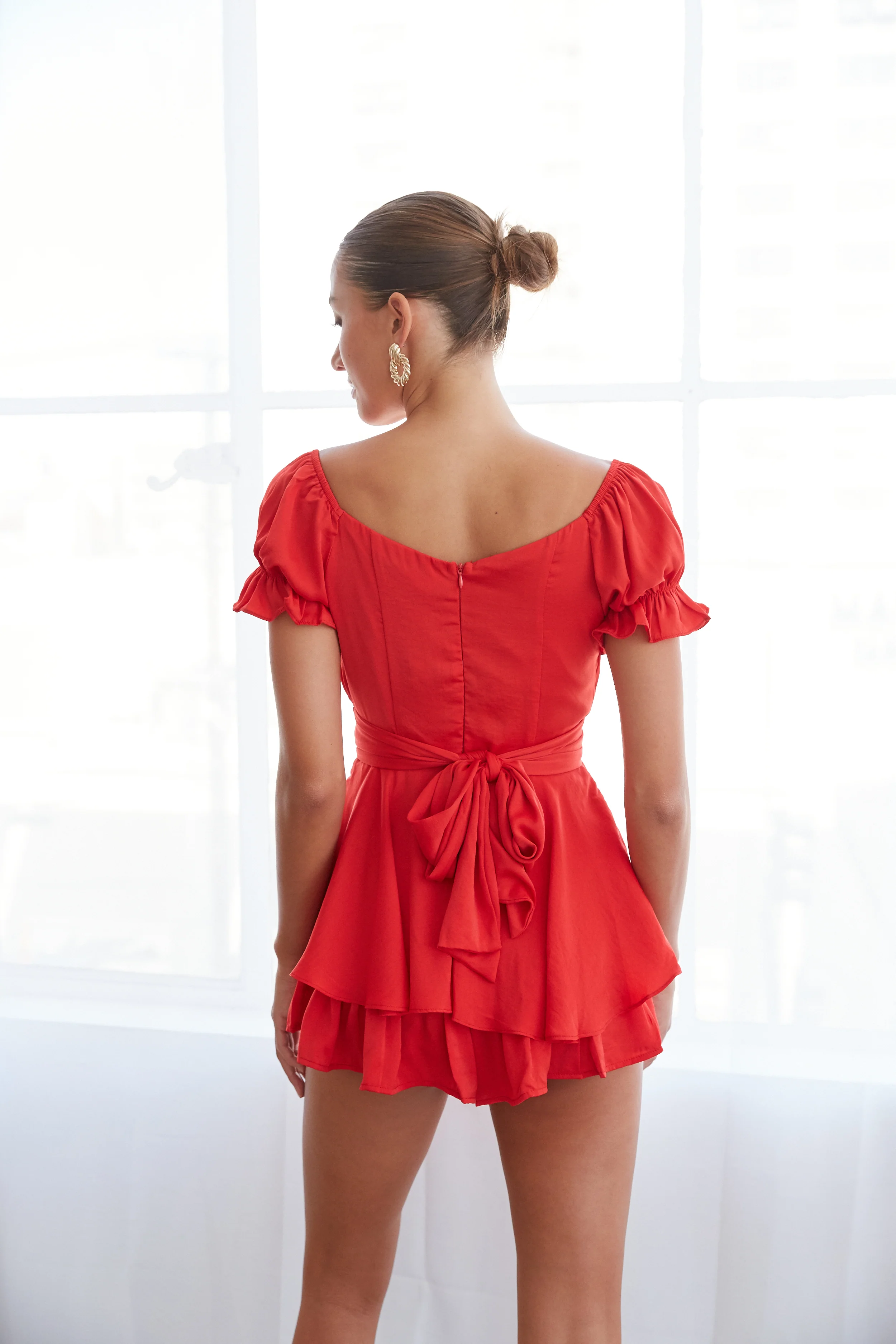 Eleanor Ruffle Wrap Romper in Red