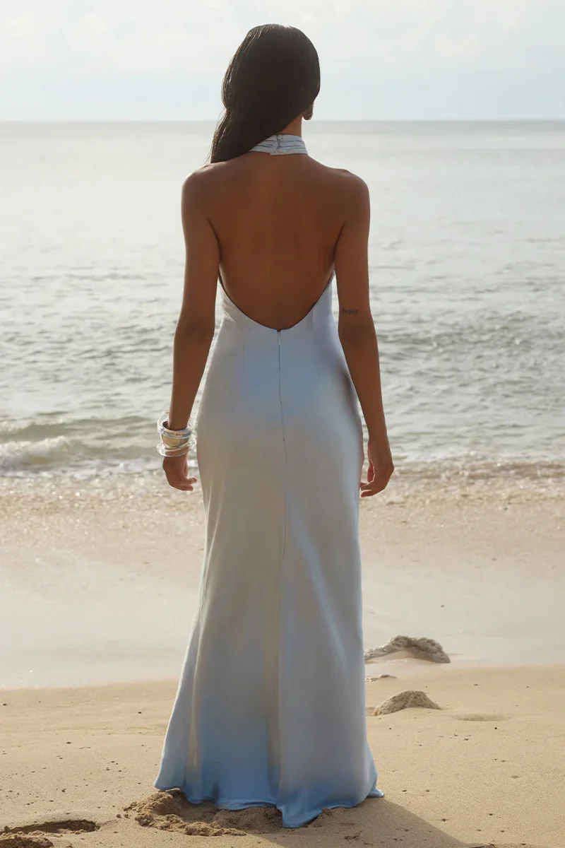 Brigitte Halter Neck Open Back Satin Maxi Dress