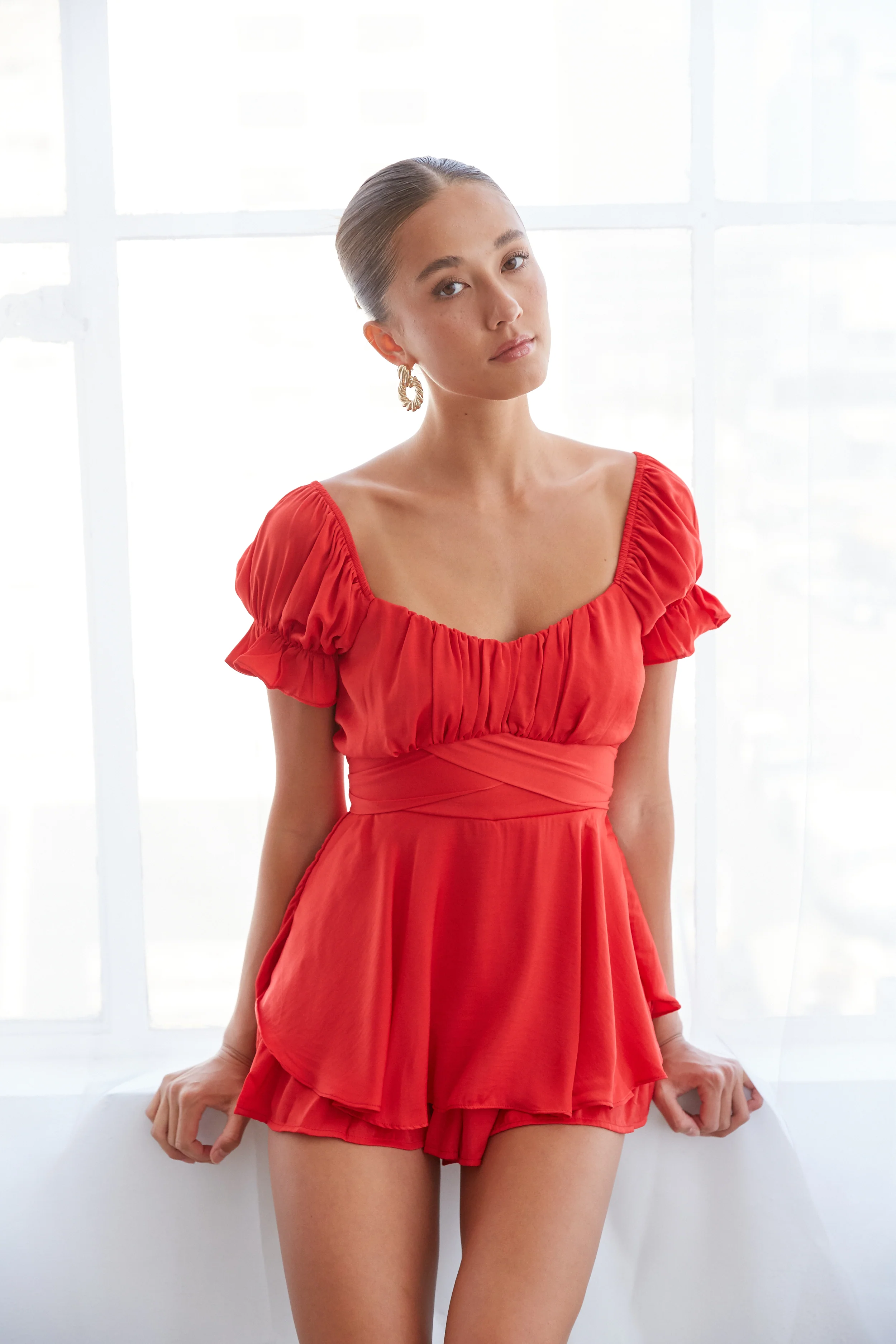 Eleanor Ruffle Wrap Romper in Red