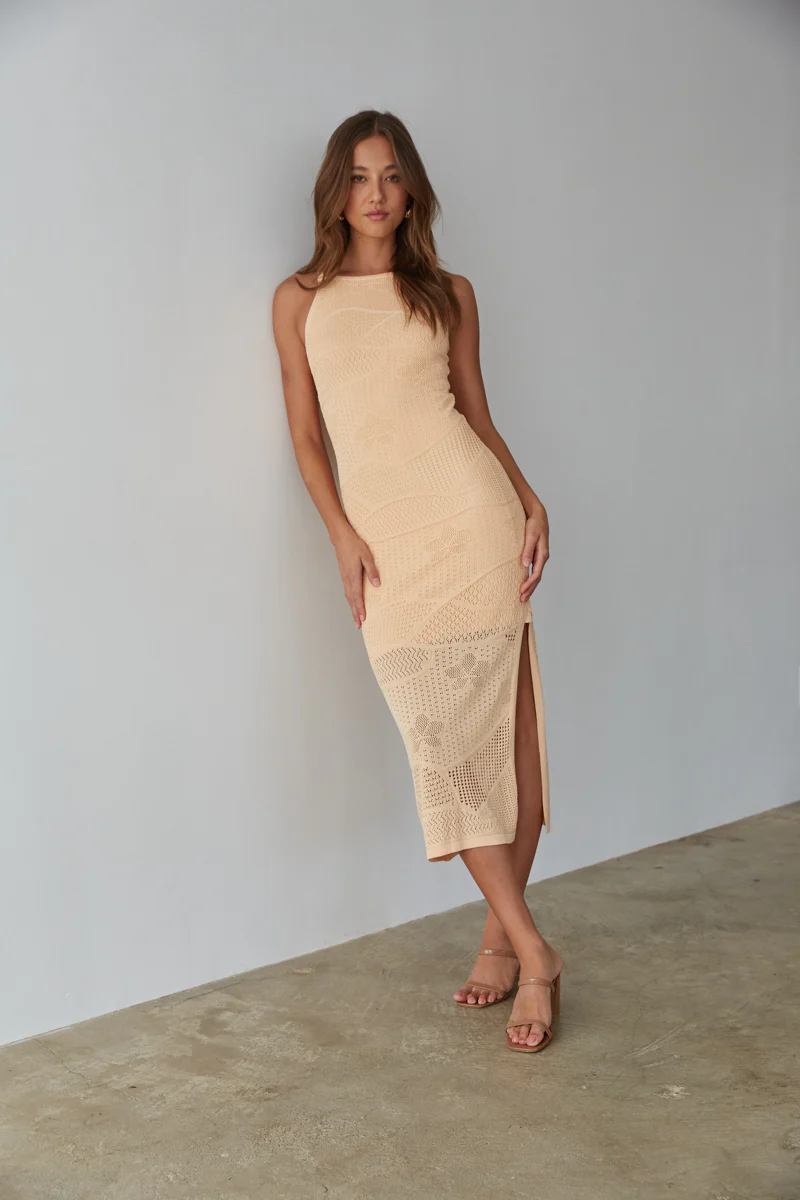 Keilani High Neck Open Knit Midi Dress