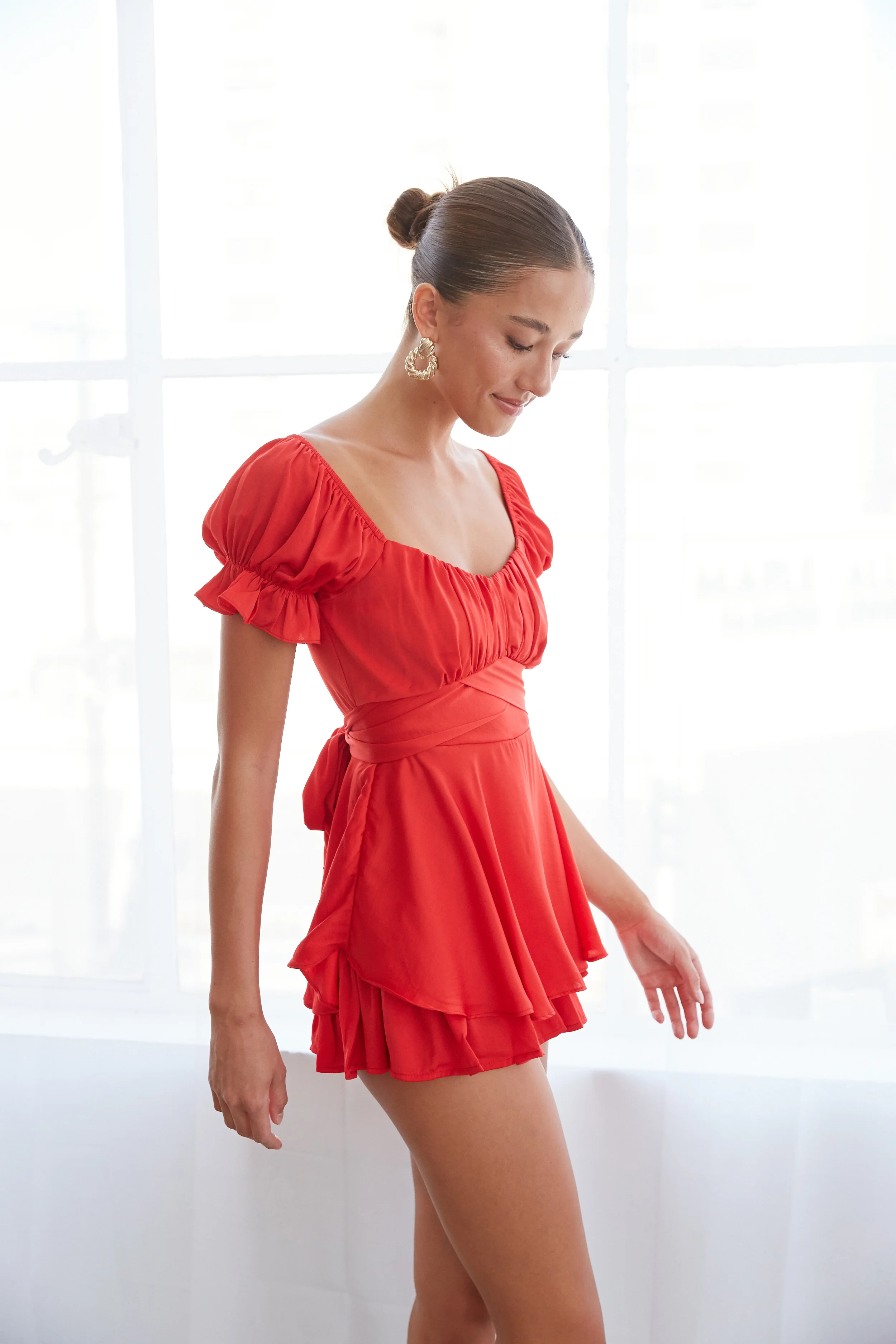 Eleanor Ruffle Wrap Romper in Red