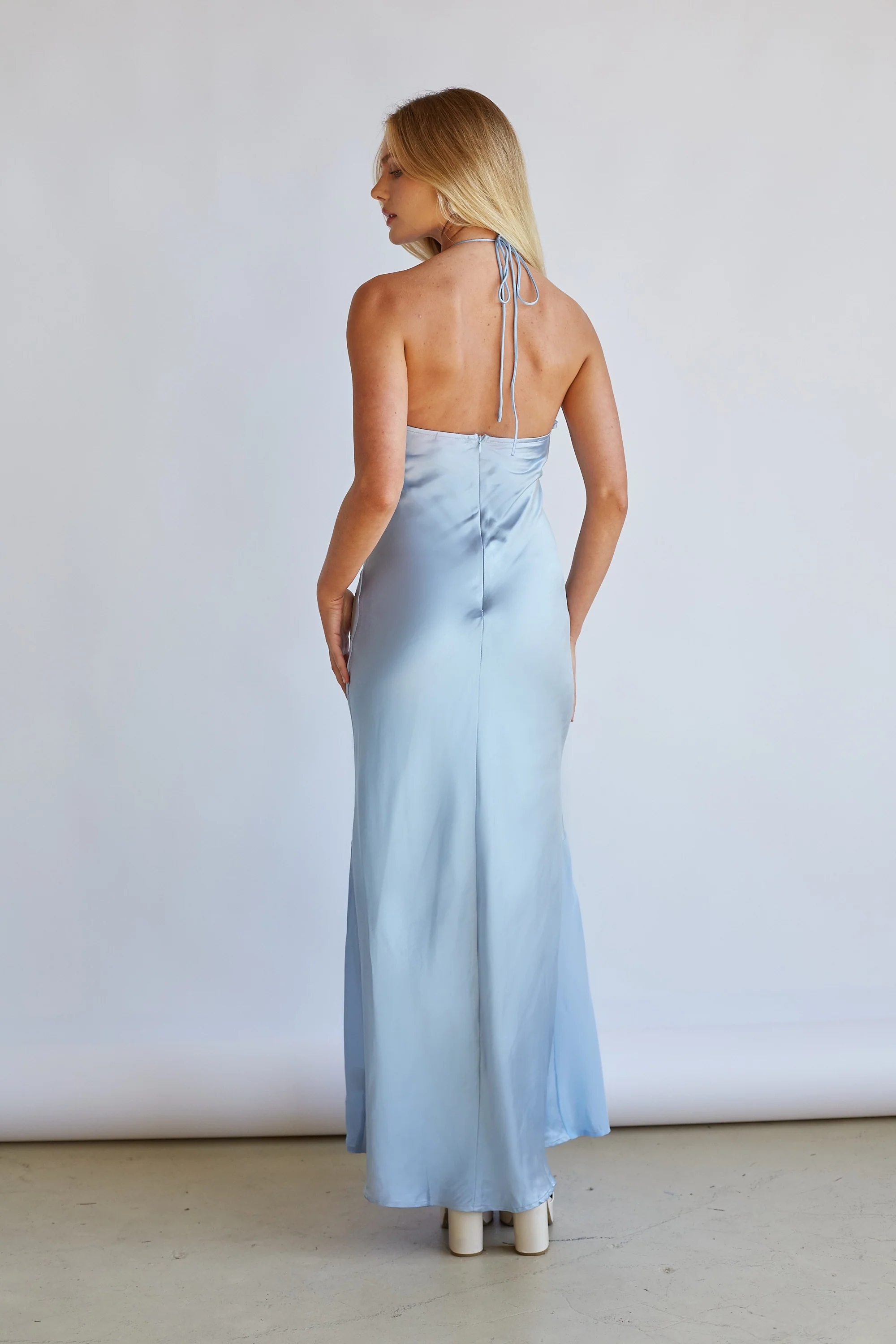 Lucinda Halter V-Neck Open Back Satin Midi Dress